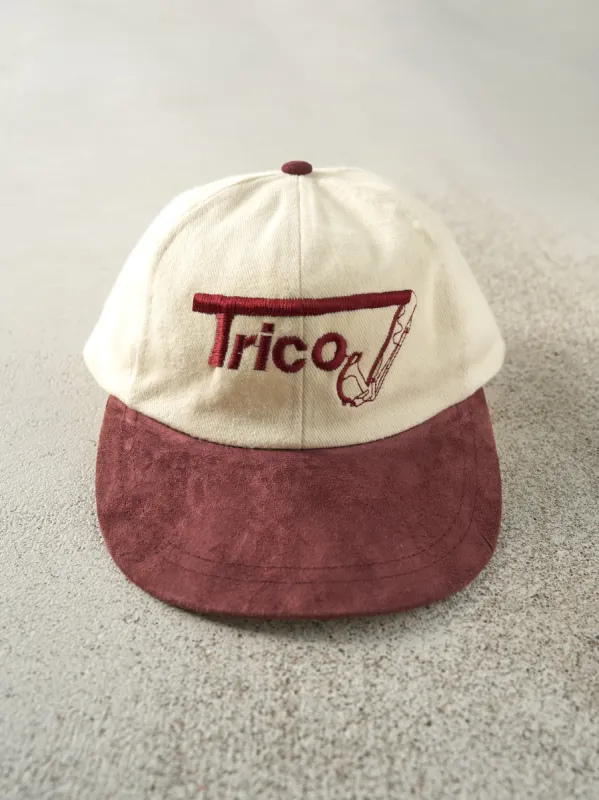 Vintage 90s Beige & Burgundy Embroidered Trico Strap Back Hat sold by Rebalance Vintage