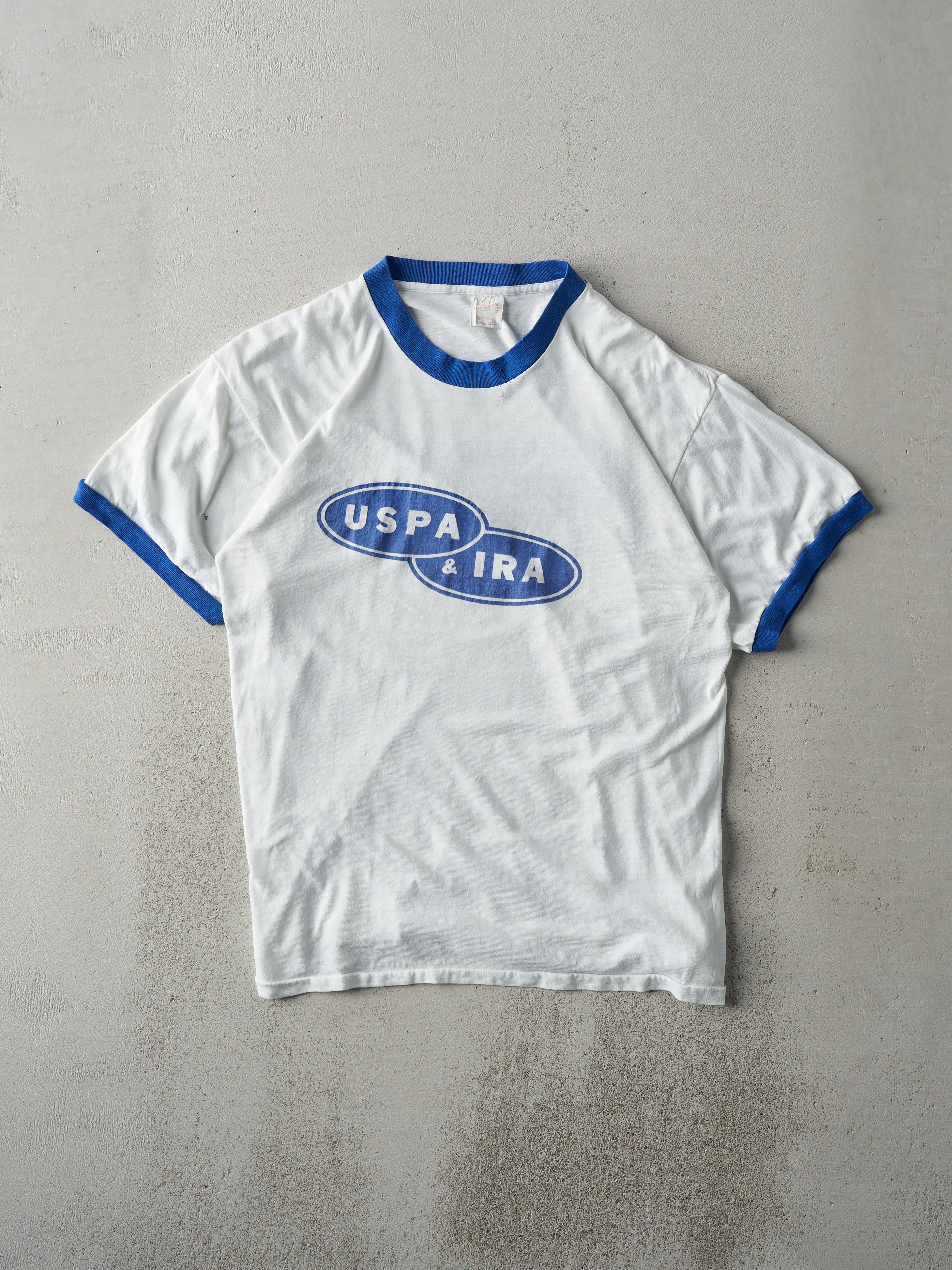 Vintage 80s White and Blue USPA & IRA Ringer Tee (M) sold by Rebalance Vintage product image thumbnail 2