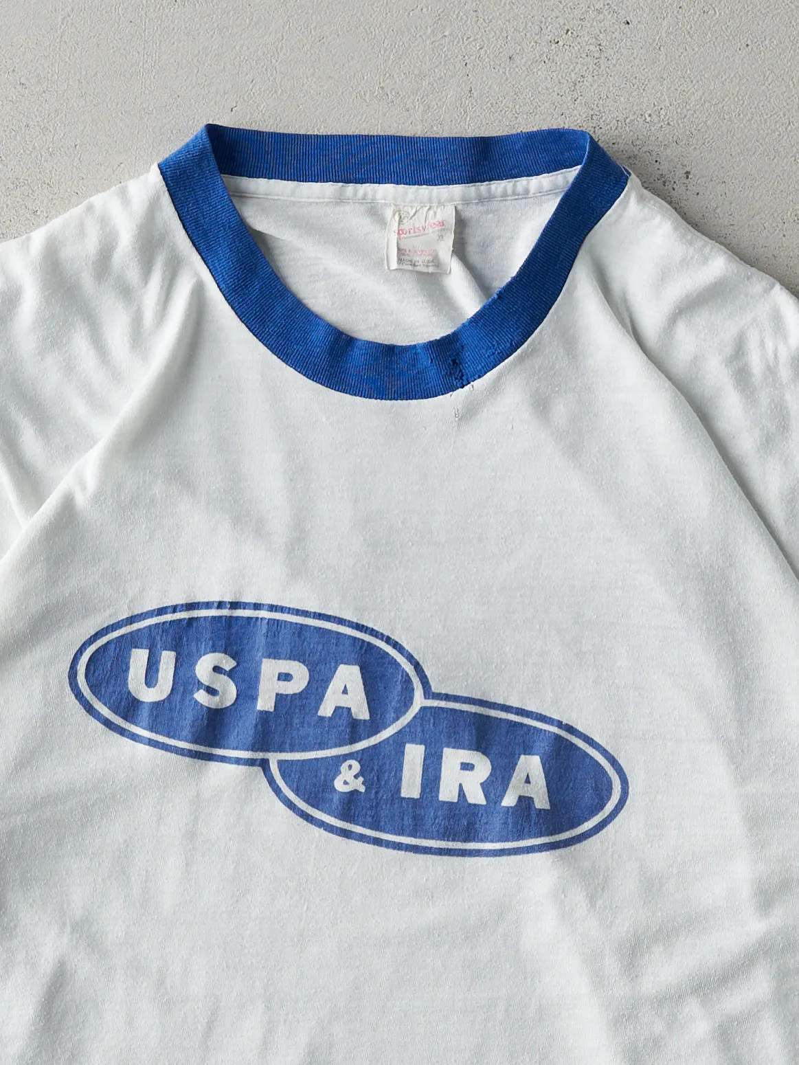 Vintage 80s White and Blue USPA & IRA Ringer Tee (M) sold by Rebalance Vintage product image thumbnail 3