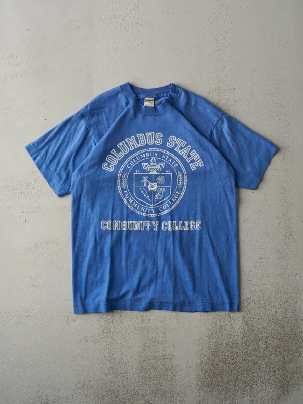 Vintage 80s Blue Columbus State Single Stitch Tee (S/M) sold by Rebalance Vintage