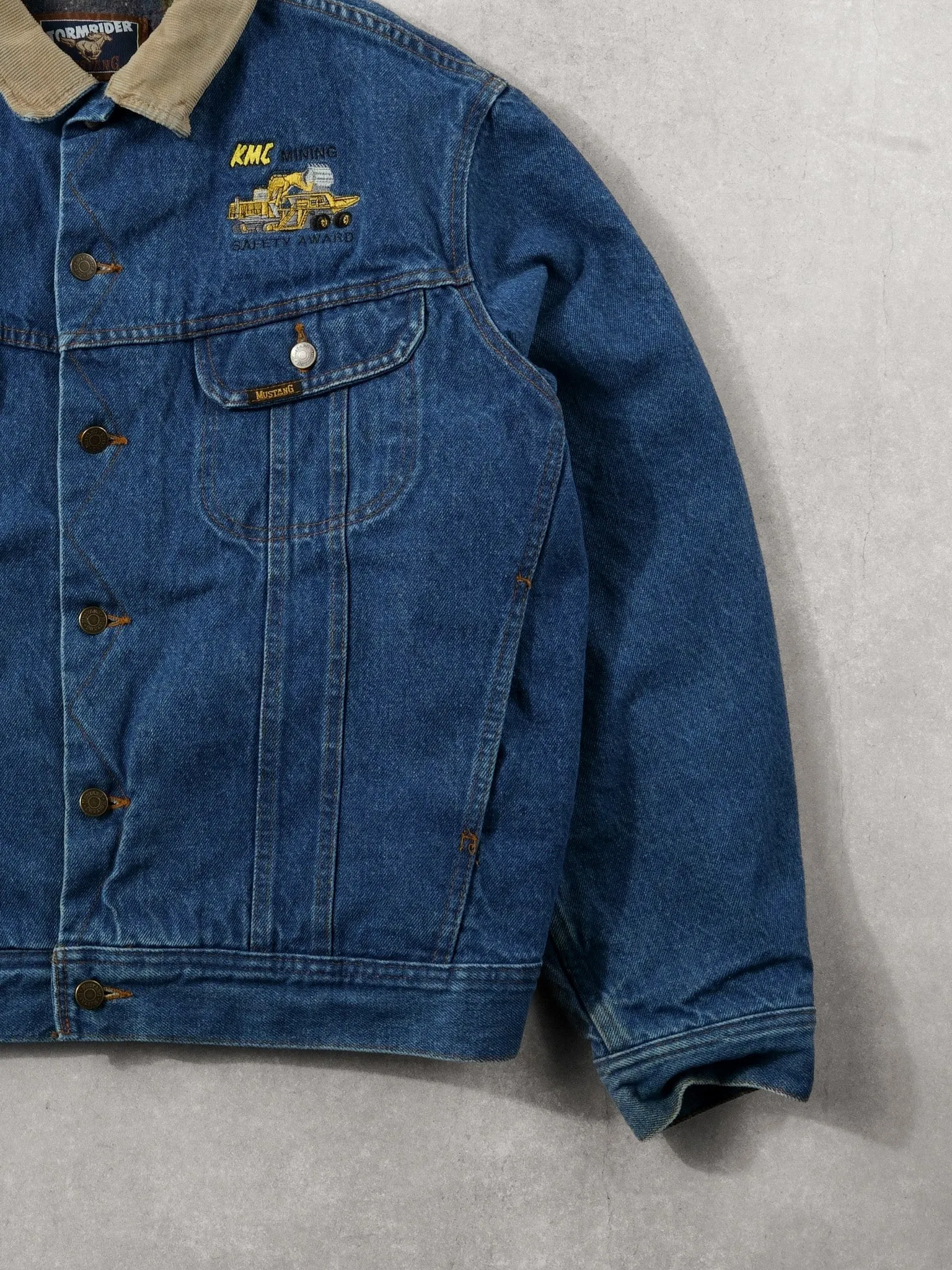 Vintage 90 Blue Stormrider Mustang "KMC Mining" Denim Sherpa Jacket (XL) sold by Rebalance Vintage product image thumbnail 3