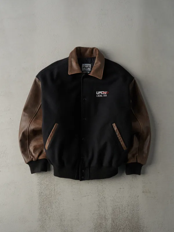 Vintage 90s Black UFCW Union Wool and Leather Varsity Jacket (M) sold by Rebalance Vintage