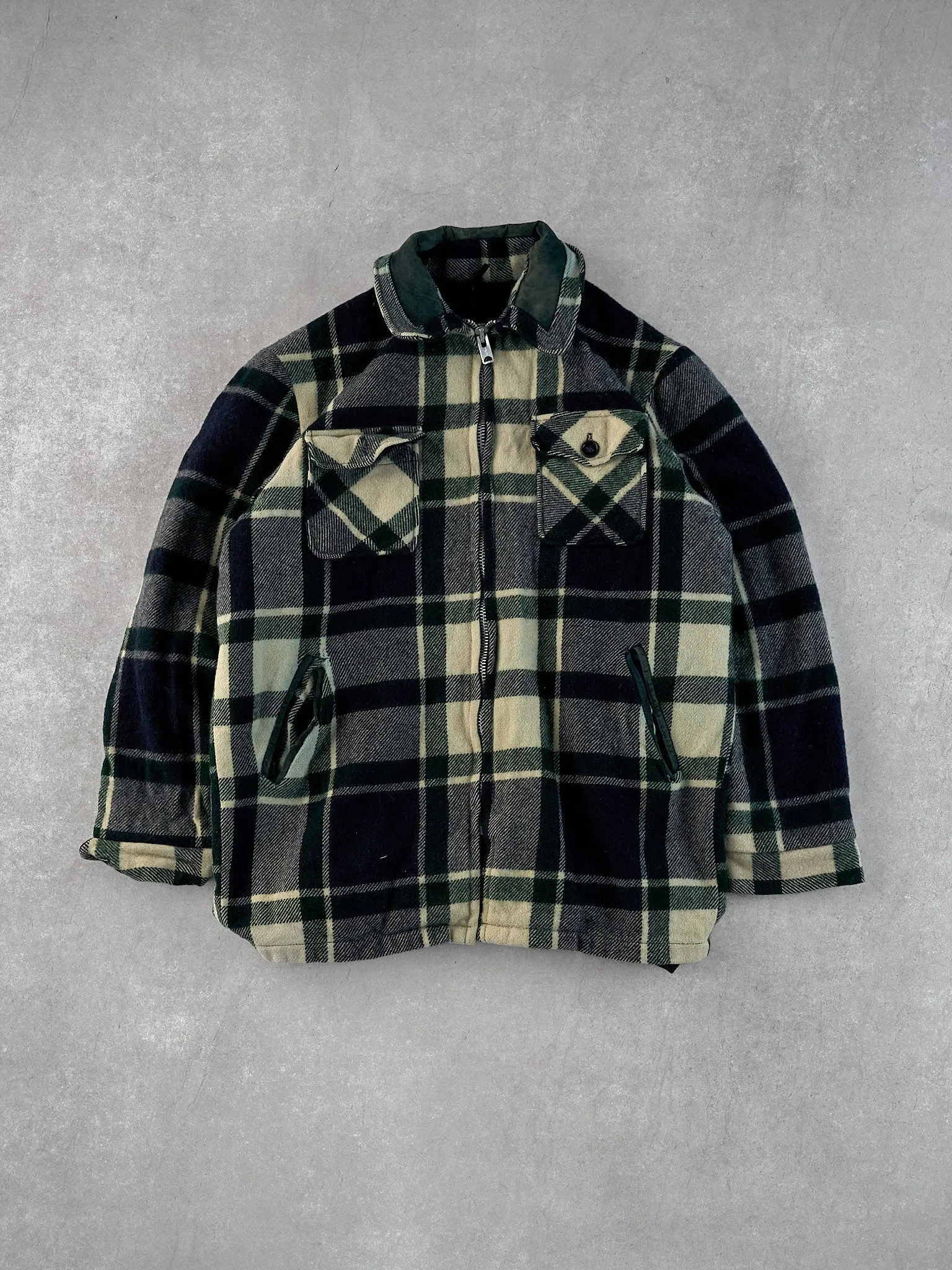 Vintage 90s Blue, Green and White Knit Plaid Zip Up (L) sold by Rebalance Vintage