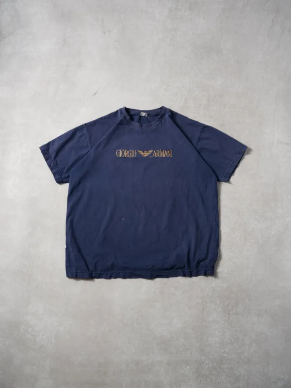 Vintage Washed Navy Blue Giorgio Armani Embroidery Tee (M) sold by Rebalance Vintage