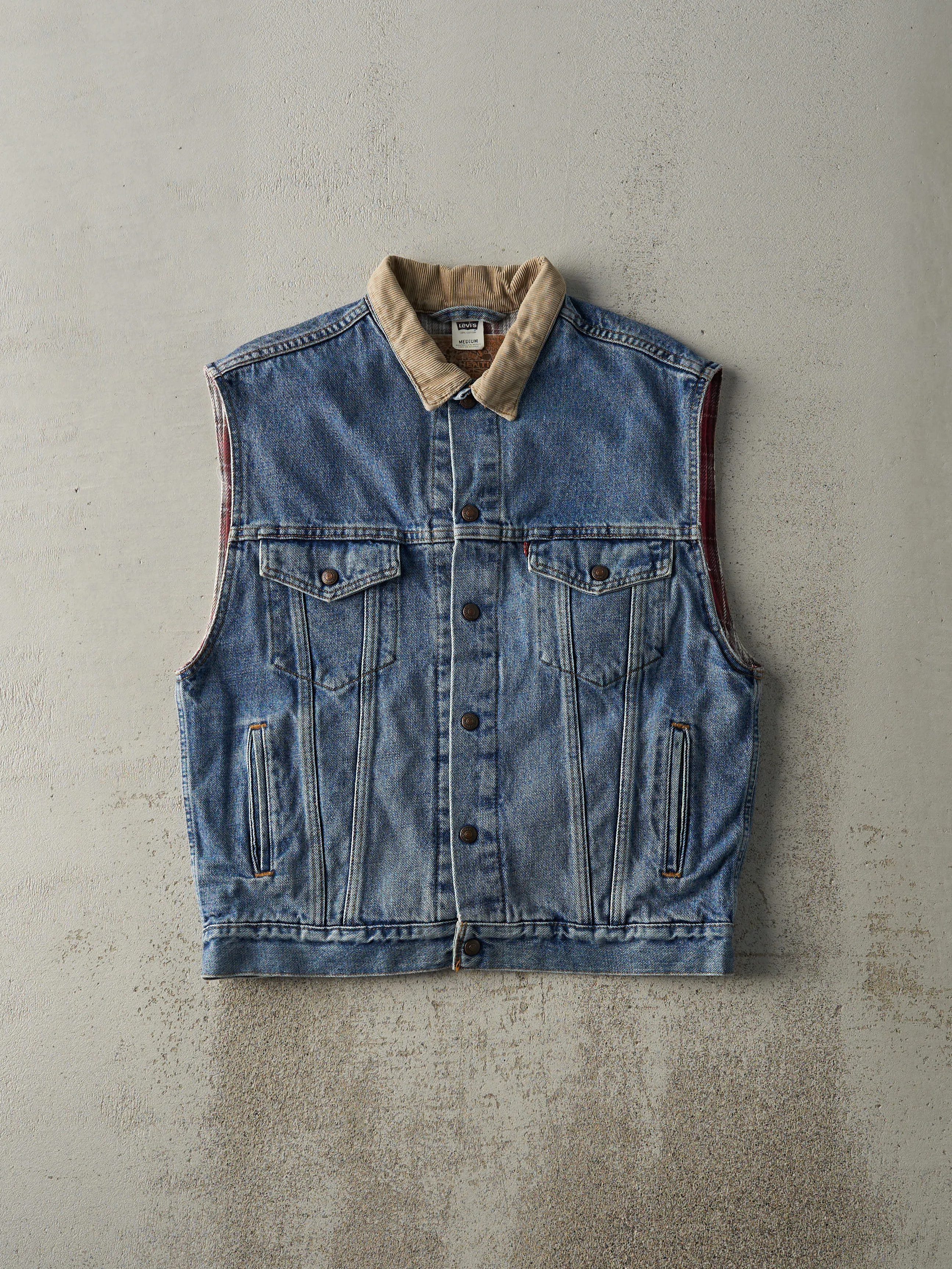 Vintage 90s Light Wash Levi's Type 3 Plaid Lined Denim Vest (M) sold by Rebalance Vintage