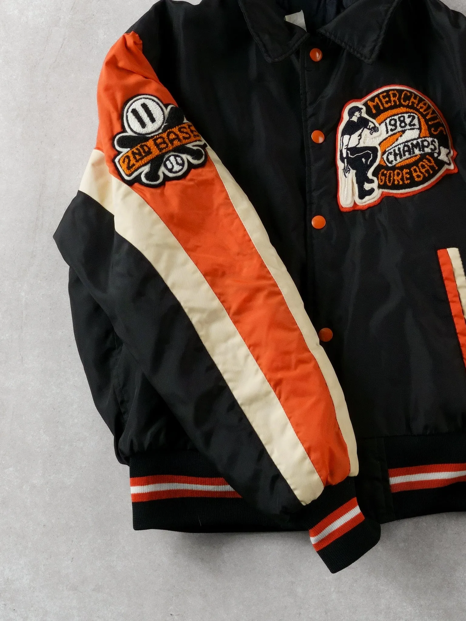 Vintage 82' Black and Orange Merchants Gorebays Champs Baseball Bomber (S/M) sold by Rebalance Vintage product image thumbnail 5