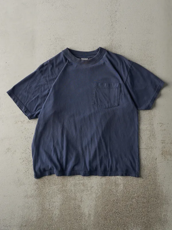 Vintage 90s Navy Blue Blank Pocket Tee (M) sold by Rebalance Vintage