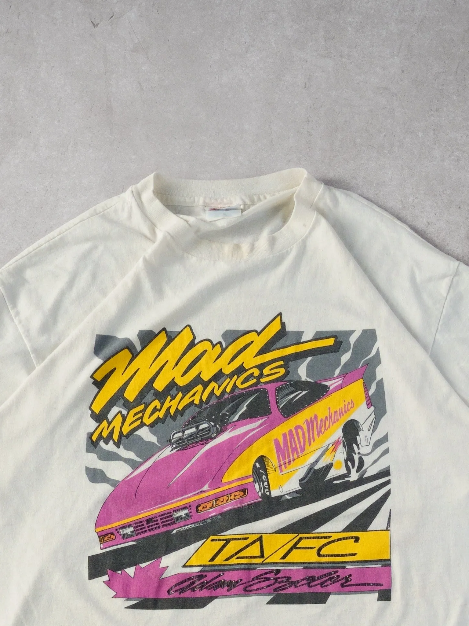 Vintag 90s White Mad Mechanics Drag Racing Graphic Tee (L) sold by Rebalance Vintage product image thumbnail 2