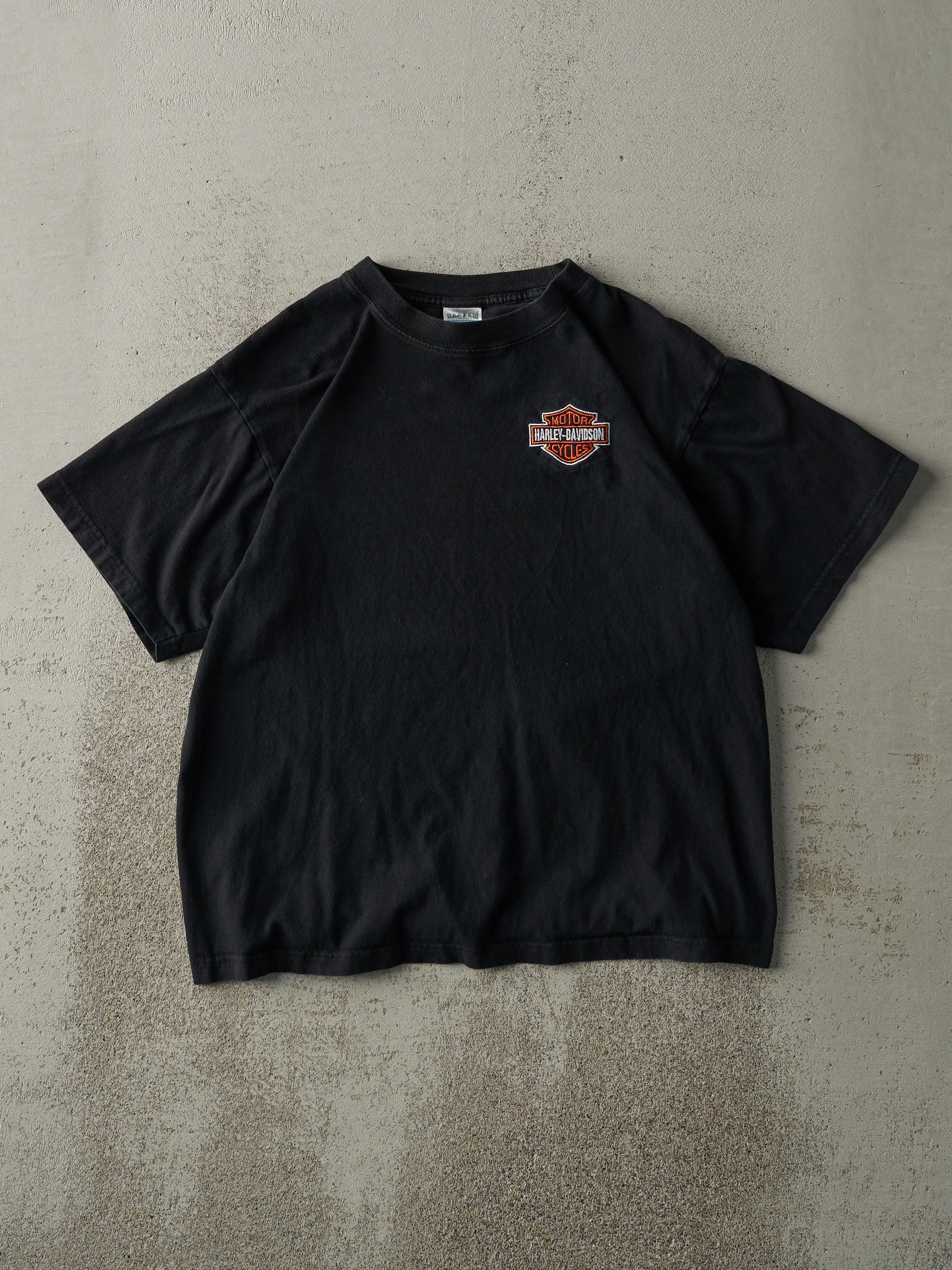 Vintage Y2K Black Embroidered Harley Davidson Bootleg Tee (M) sold by Rebalance Vintage