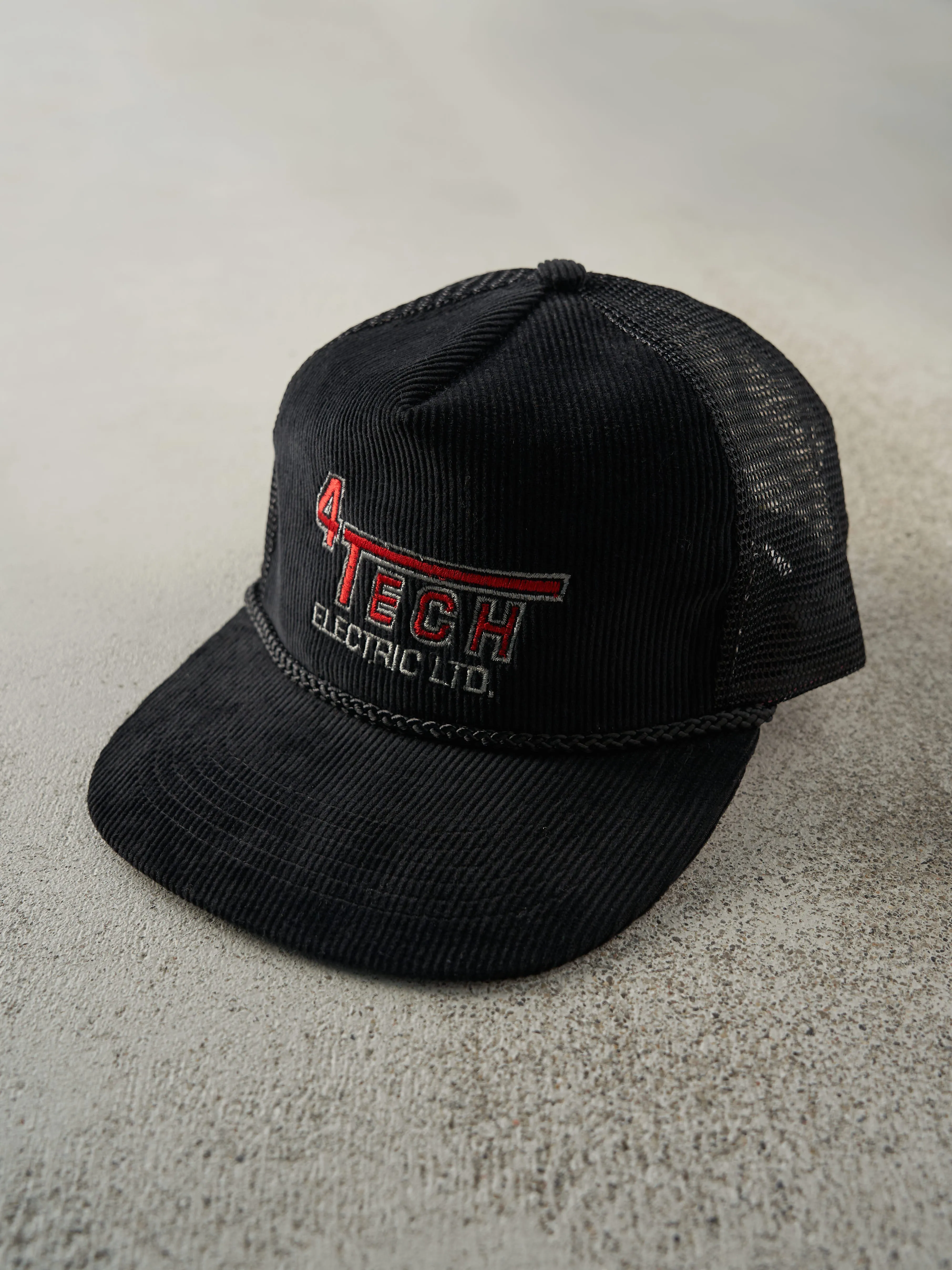 Vintage 80s Black Embroidered 4 Tech Electric Ltd. Corduroy Trucker Hat sold by Rebalance Vintage product image thumbnail 2