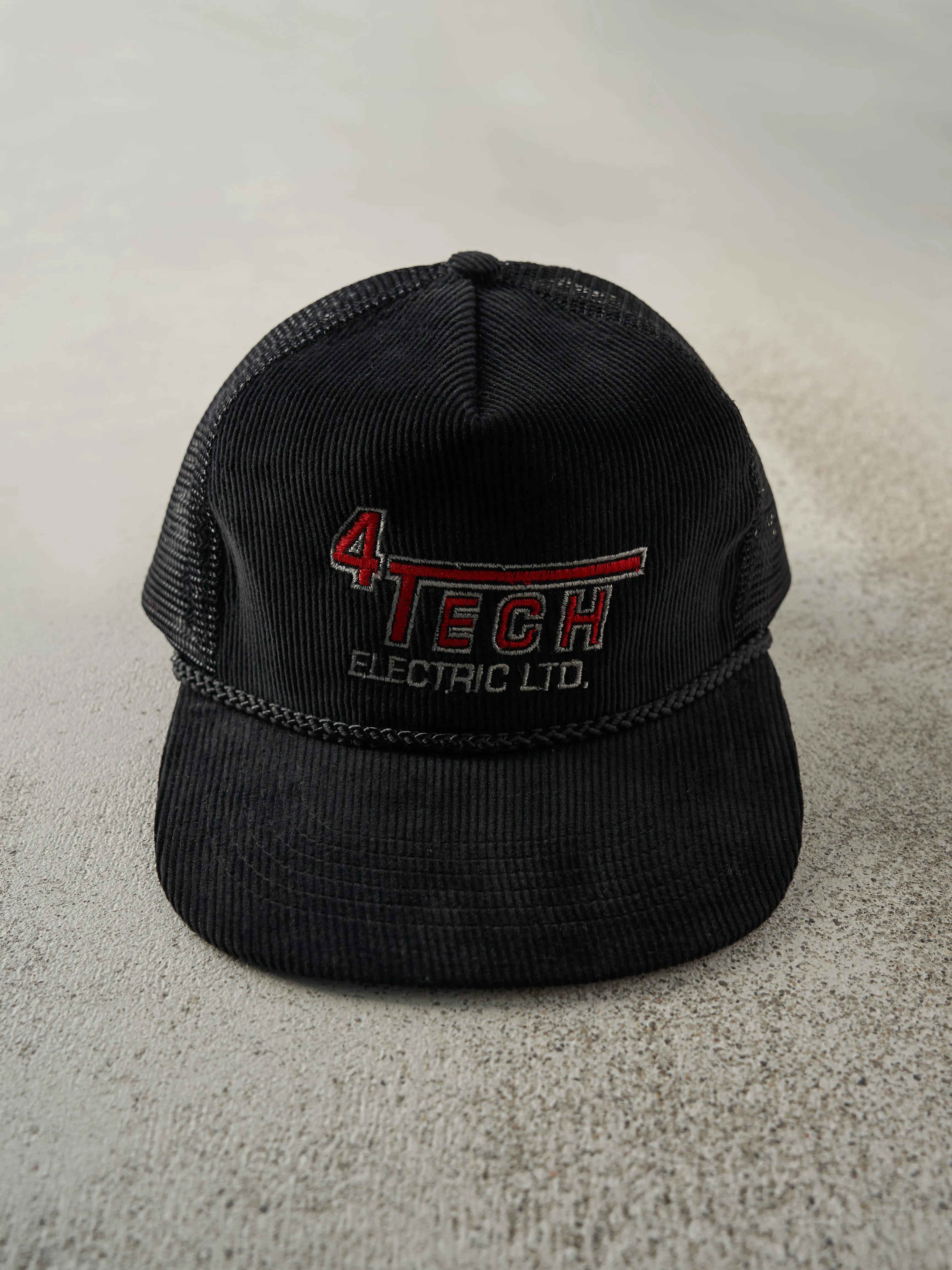 Vintage 80s Black Embroidered 4 Tech Electric Ltd. Corduroy Trucker Hat sold by Rebalance Vintage