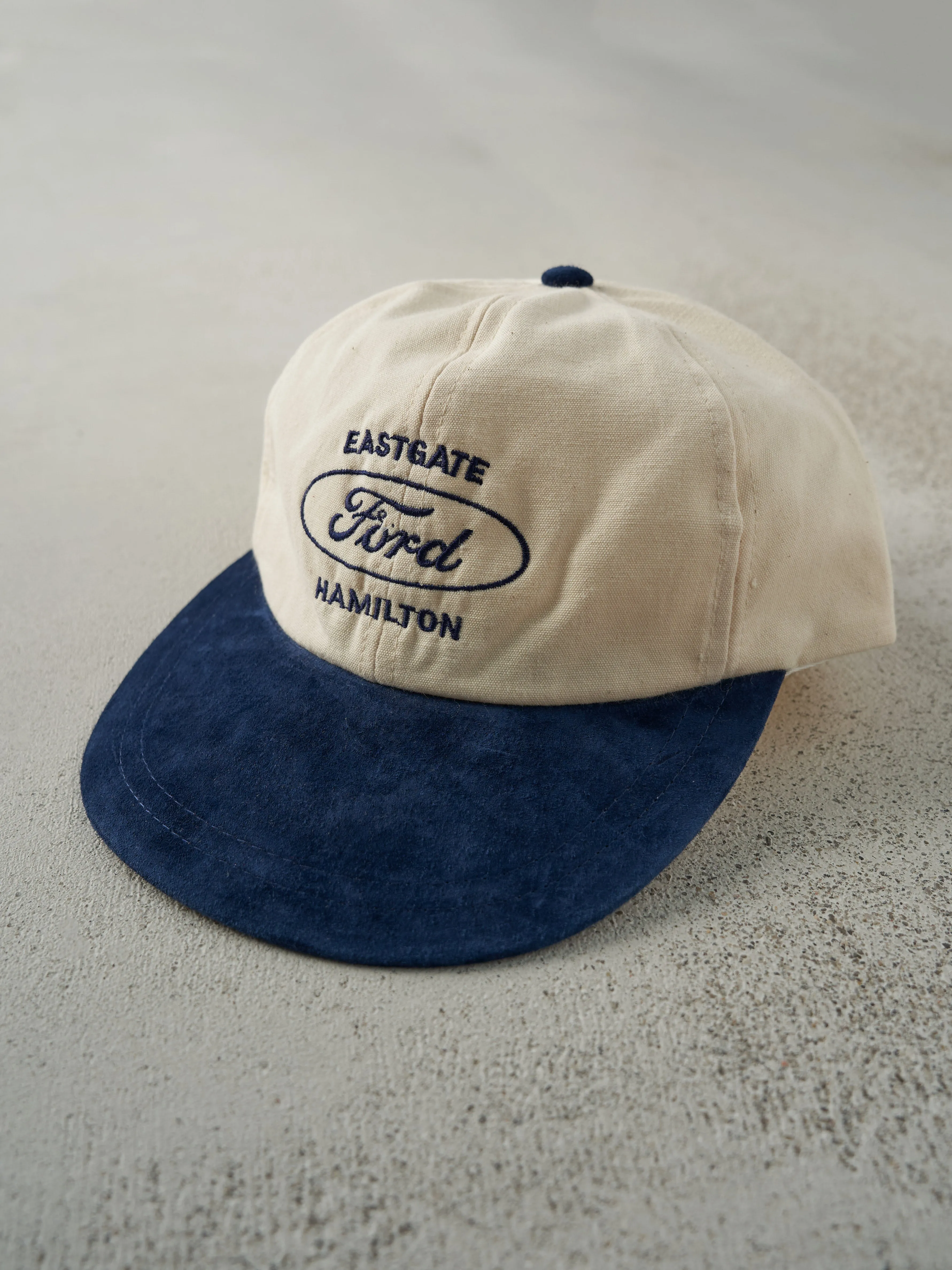 Vintage 80s Beige & Navy Eastgate Hamilton Ford Suede Leather Strap Back Hat sold by Rebalance Vintage product image thumbnail 2