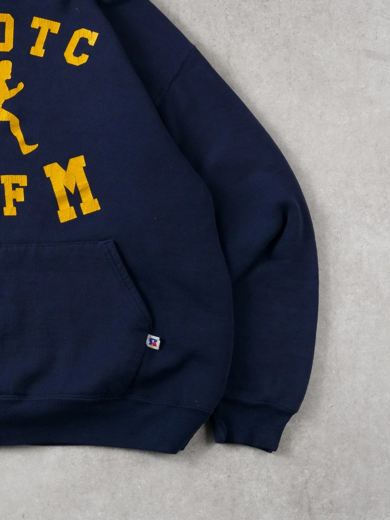 Vintage 90s Navy Blue and Yellow Univeristy of Michigan x Russell Athletics Hoodie (L) sold by Rebalance Vintage product image thumbnail 3