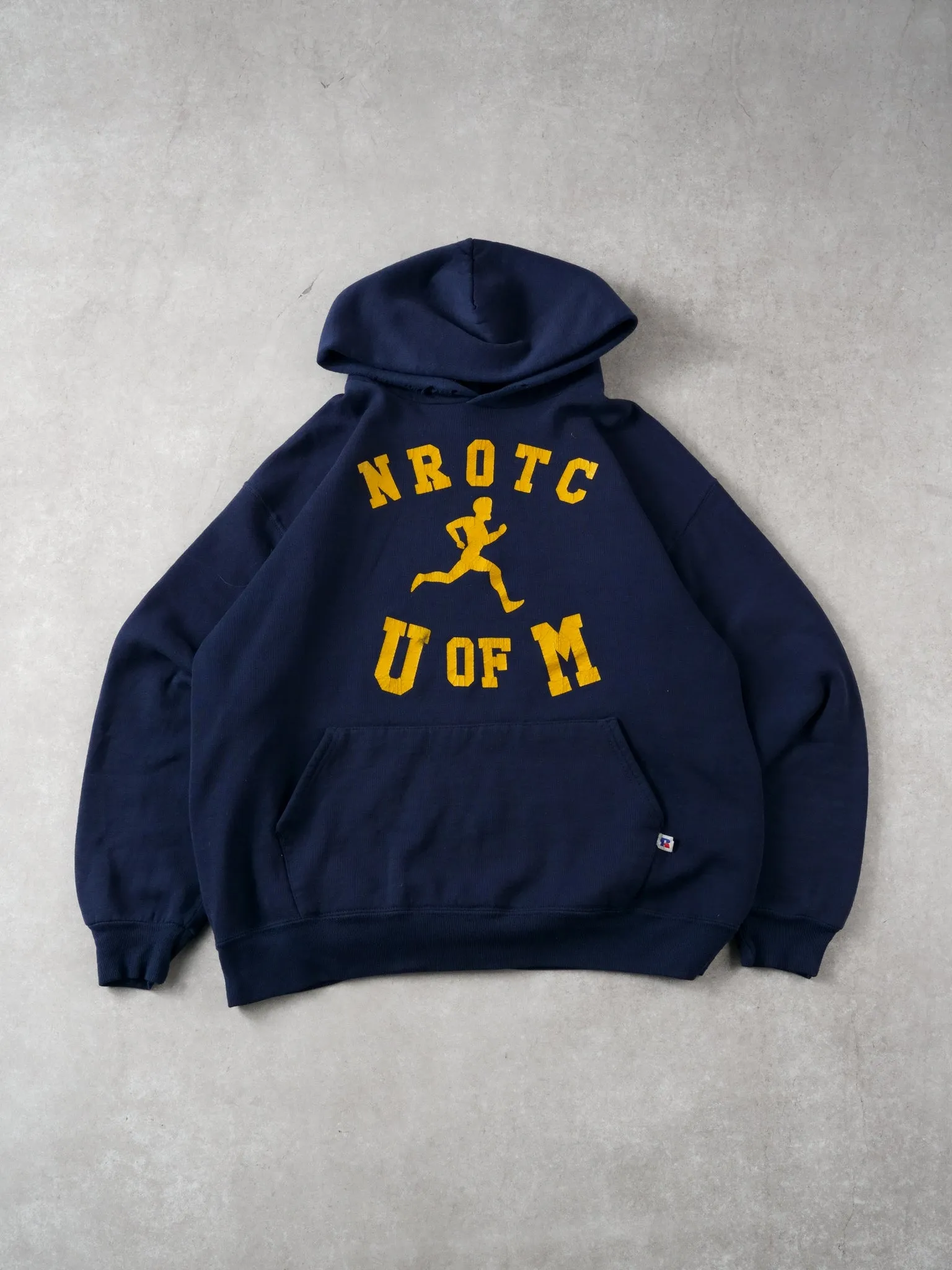 Vintage 90s Navy Blue and Yellow Univeristy of Michigan x Russell Athletics Hoodie (L) sold by Rebalance Vintage