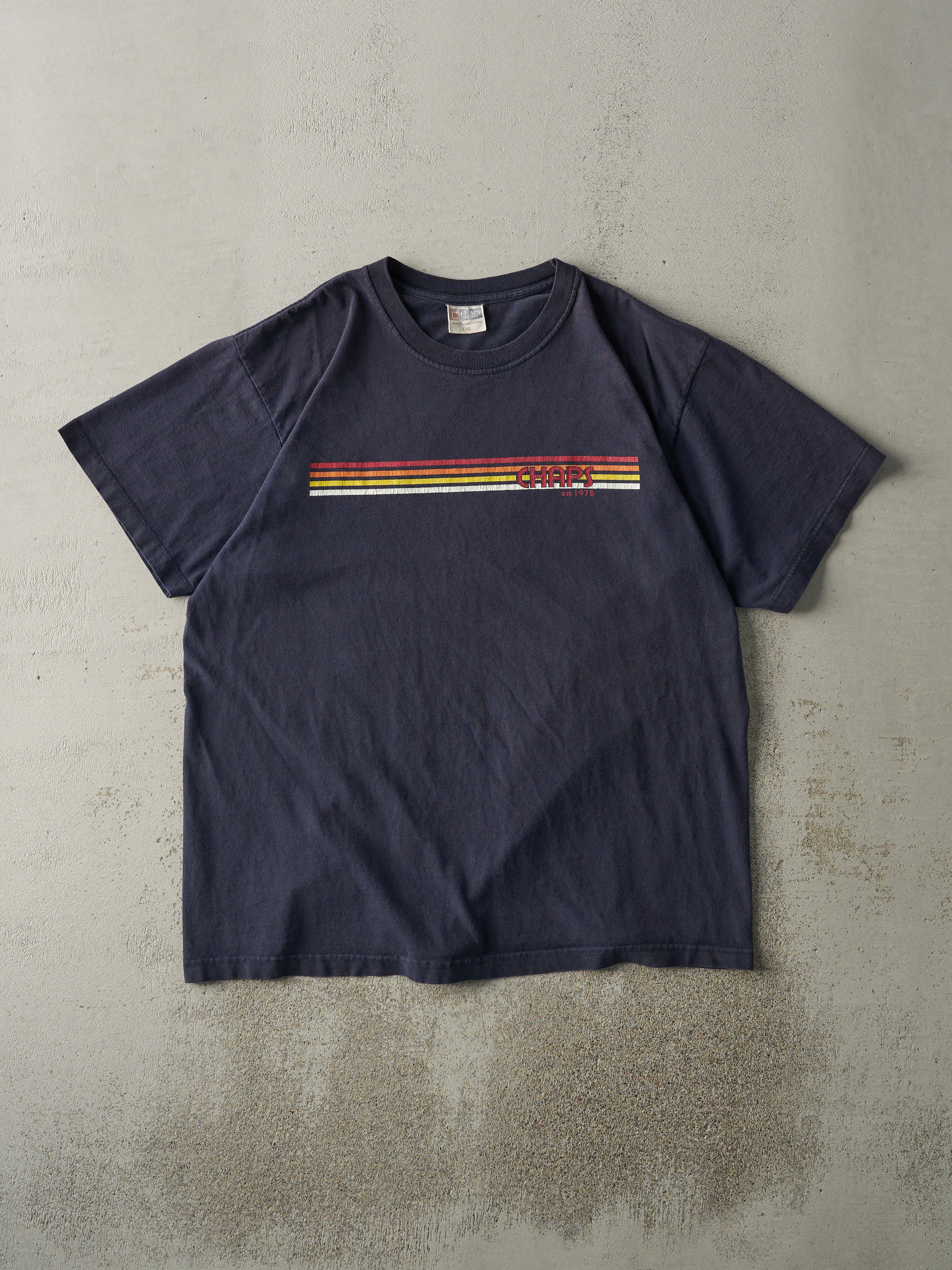 Vintage Y2K Navy Blue Chaps Striped Tee (L) sold by Rebalance Vintage