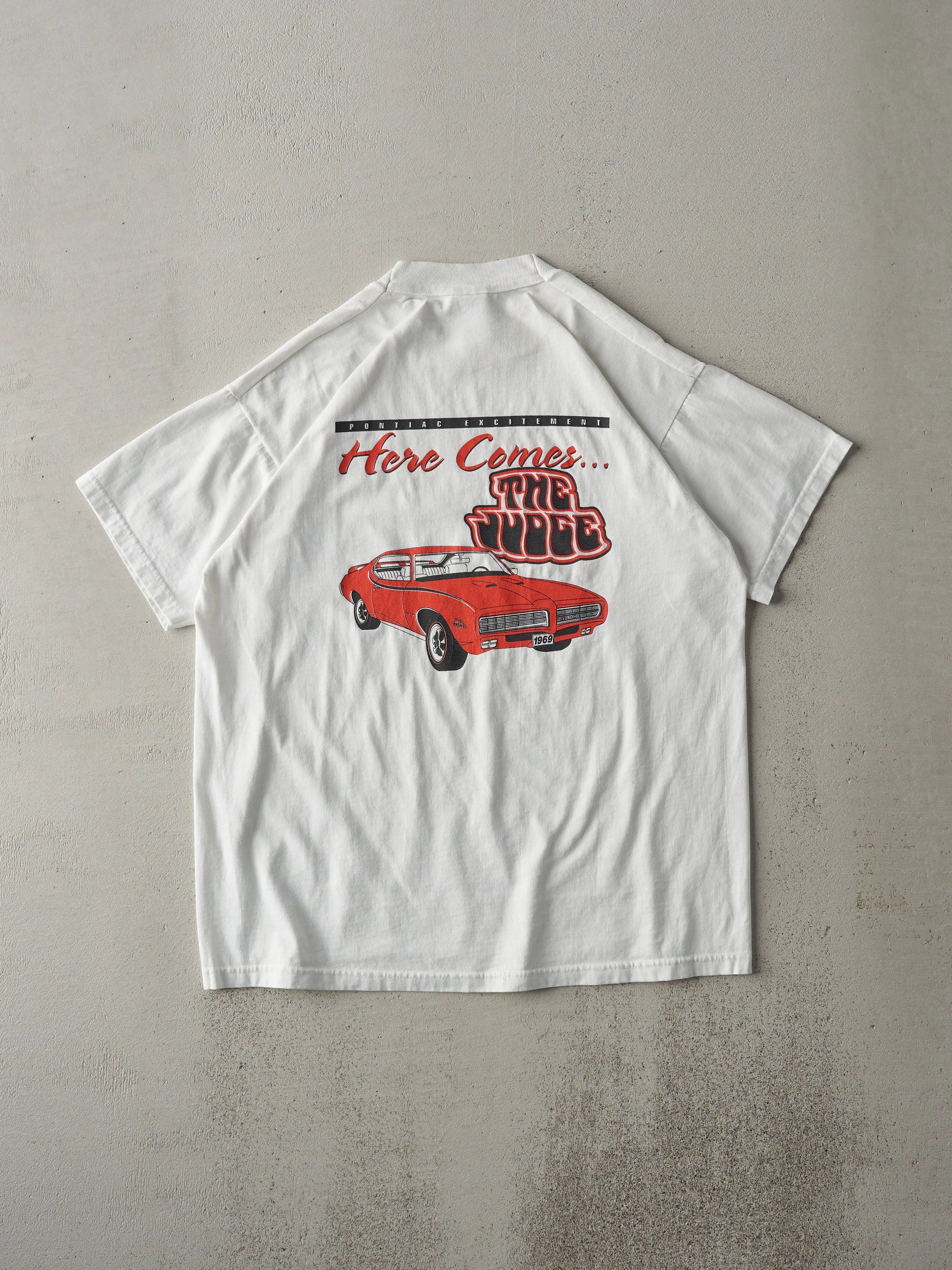 Vintage 90s White "Here Comes The Judge" Pontiac GTO Tee (M) sold by Rebalance Vintage