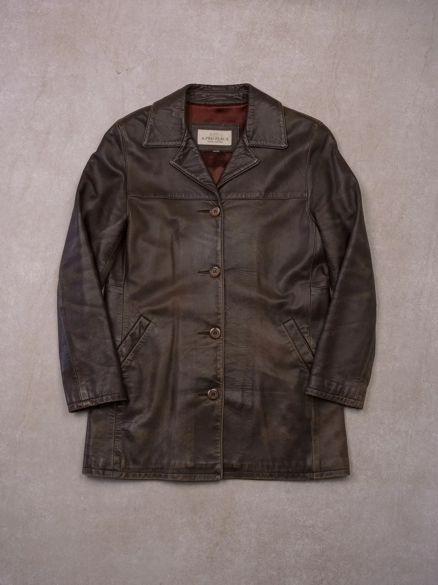 Vintage 90s Brown A-PRO-PEAUX Leather Longcoat (S) sold by Rebalance Vintage
