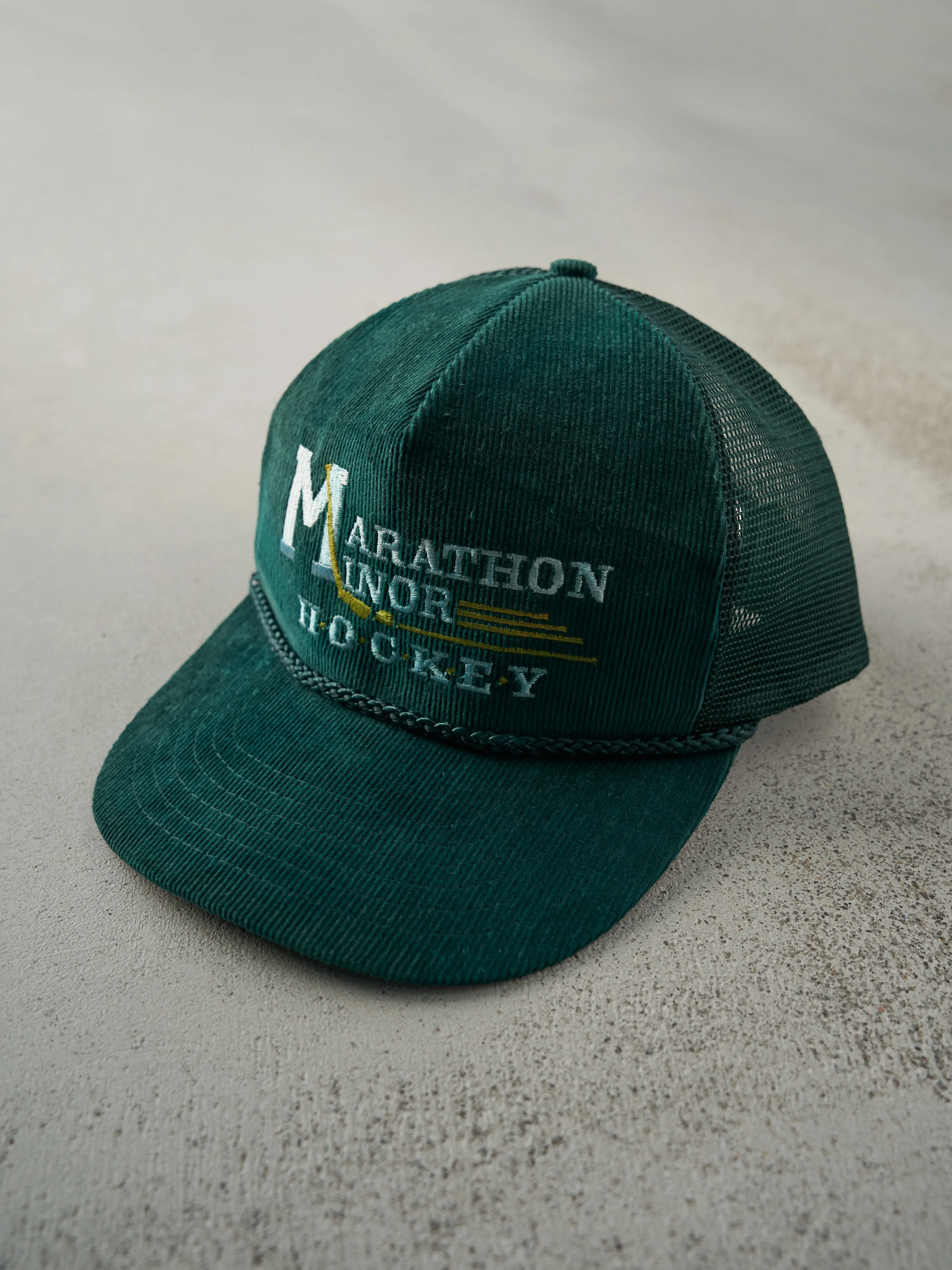 Vintage 80s Green Embroidered Marathon Minor Hockey Corduroy Trucker Hat sold by Rebalance Vintage product image thumbnail 2
