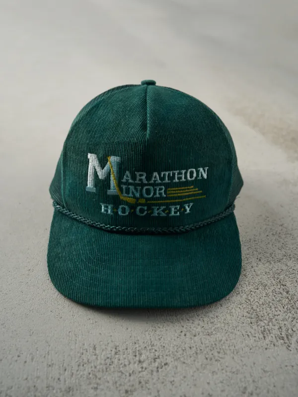 Vintage 80s Green Embroidered Marathon Minor Hockey Corduroy Trucker Hat sold by Rebalance Vintage