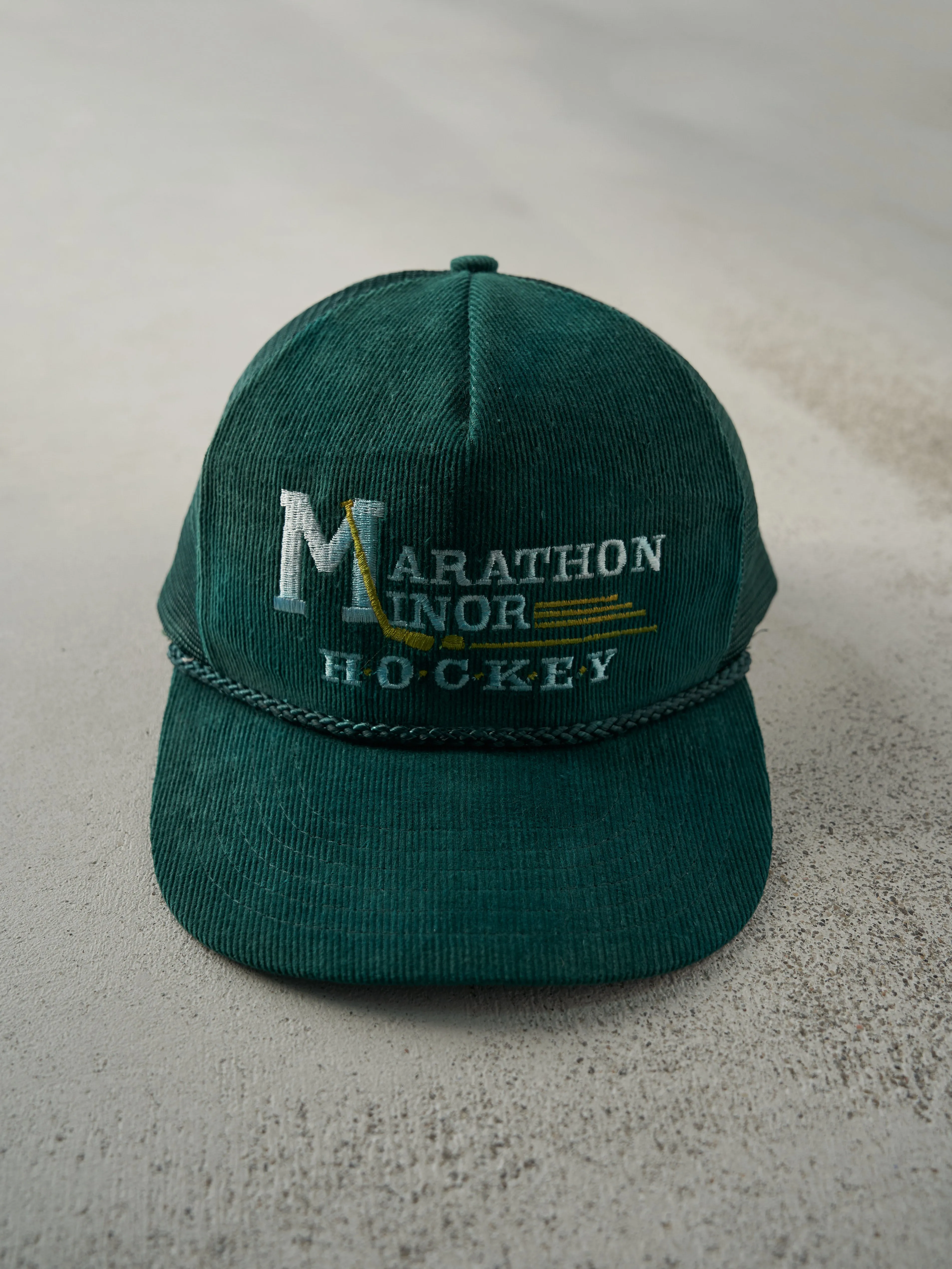 Vintage 80s Green Embroidered Marathon Minor Hockey Corduroy Trucker Hat sold by Rebalance Vintage