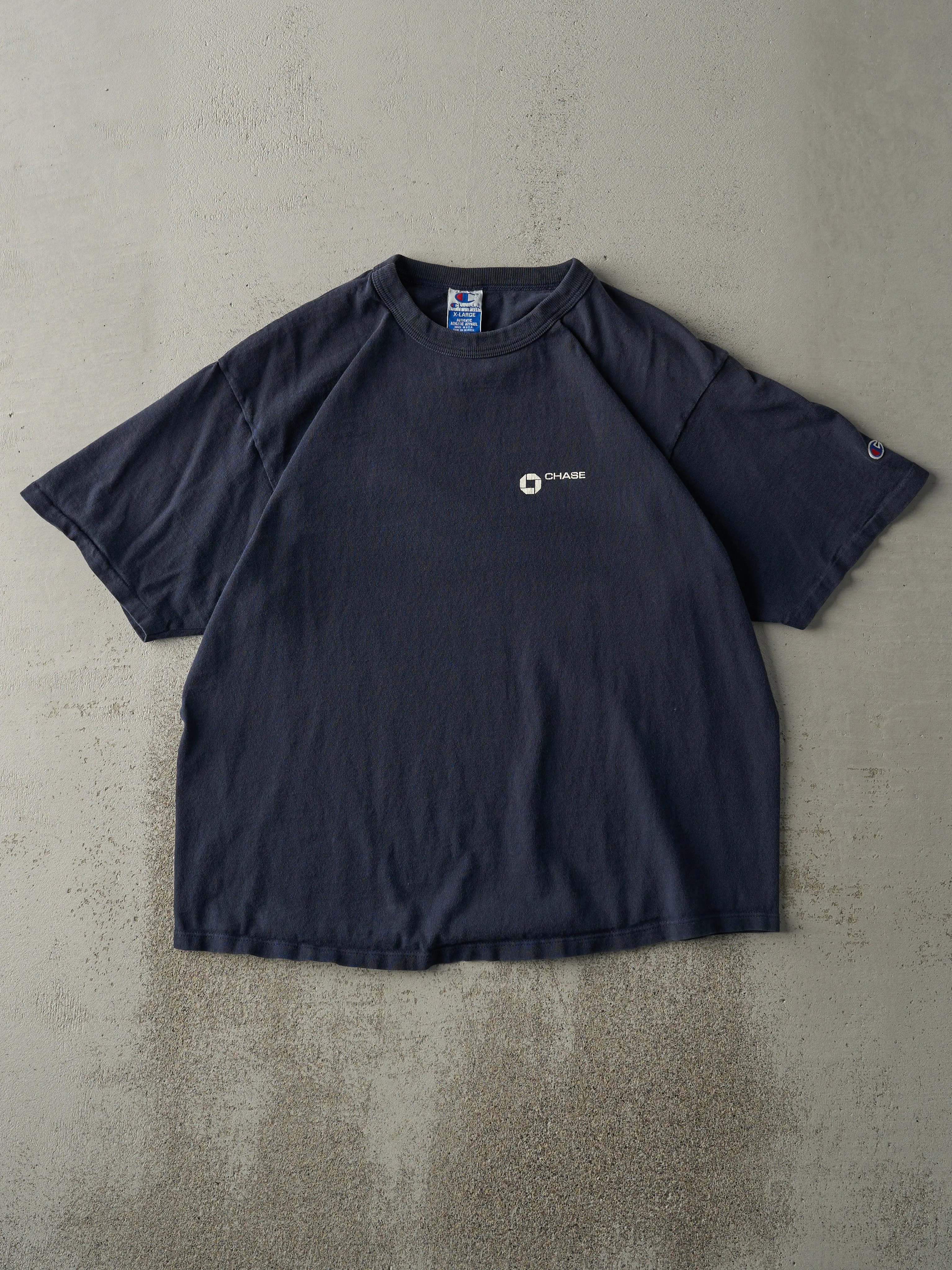 Vintage 90s Navy Blue Chase Bank Champion Tee (L) sold by Rebalance Vintage