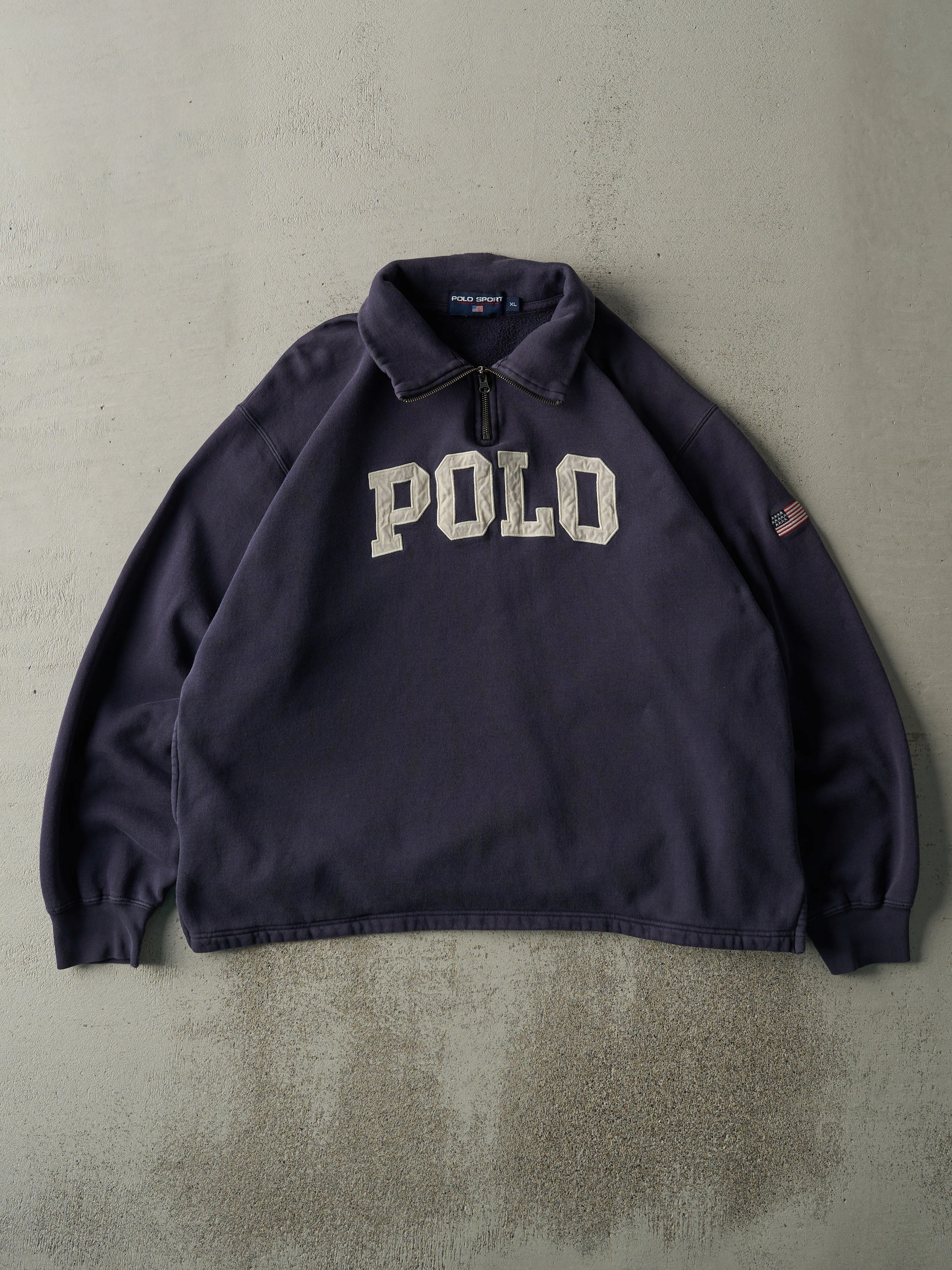 Vintage 90s Navy Blue Polo by Ralph Lauren Embroidered Quarter Zip Sweater (XL) sold by Rebalance Vintage