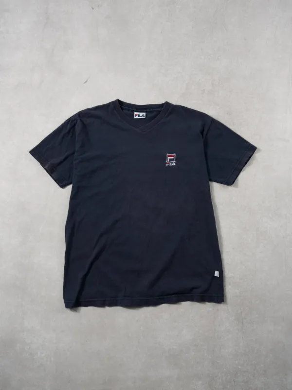Vintage 90s Navy Blue Fila Embroidery V Neck Tee (S) sold by Rebalance Vintage