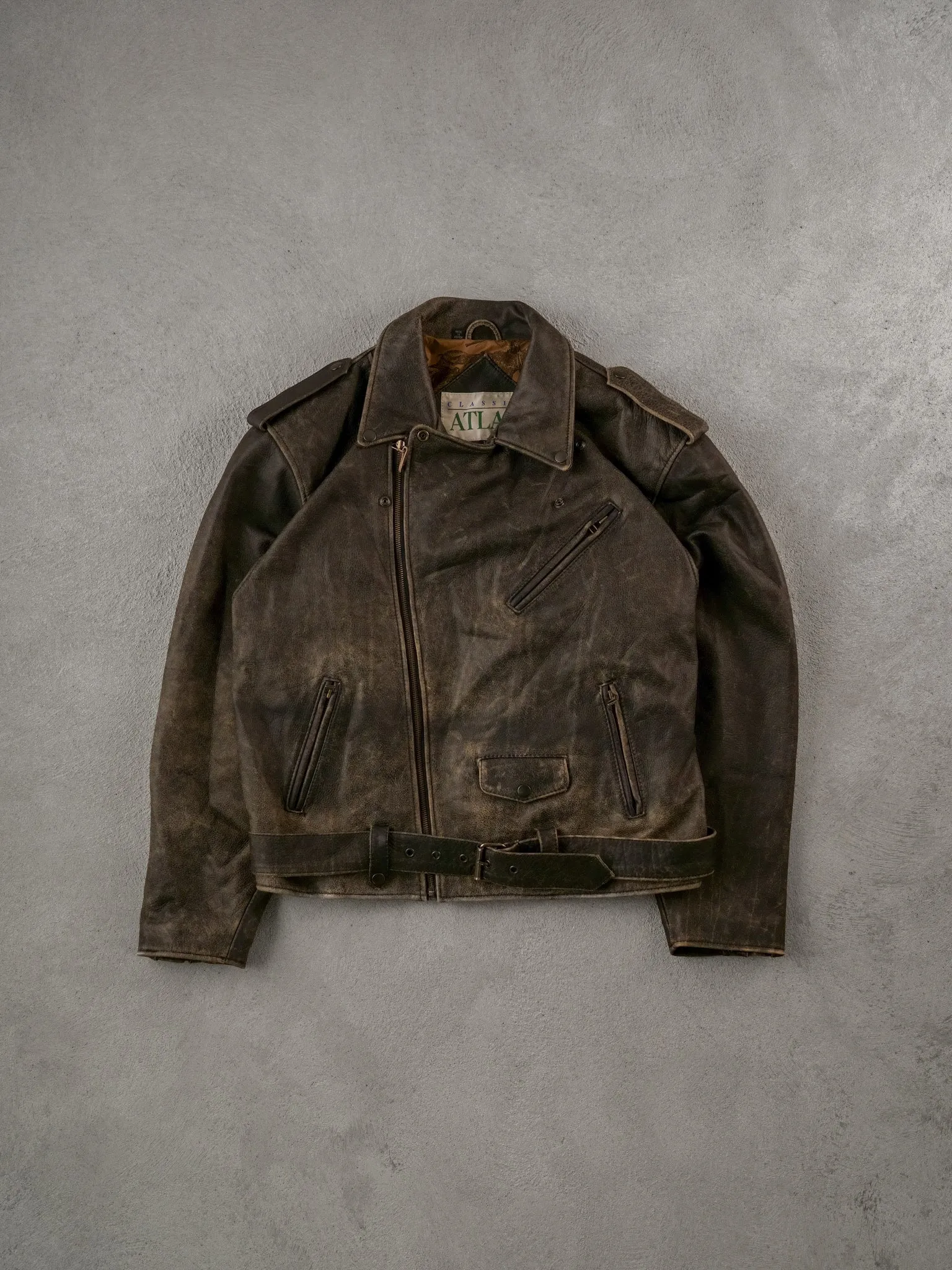 Vintage 90s Faded Brown Atlas Collared Leather Jacket (L) sold by Rebalance Vintage