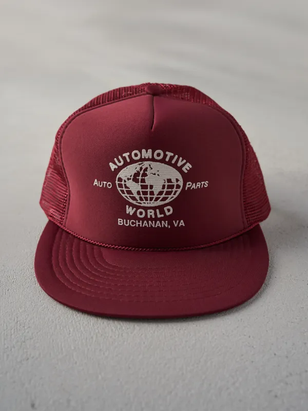 Vintage 80s Burgundy Automotive World Trucker Snapback Hat sold by Rebalance Vintage