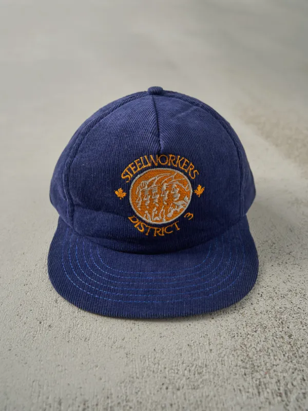Vintage 80s Navy Blue Embroidered SteelWorkers Corduroy Foam Snapback Hat sold by Rebalance Vintage