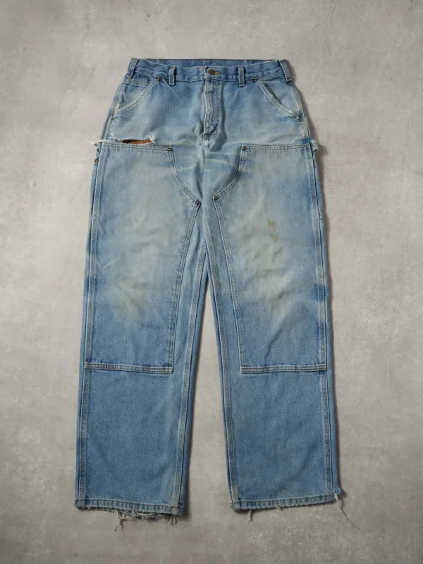Vintage 90s Rare Light Washed Blue Carhartt Denim Double Knee Carpenter Jeans (34x33) sold by Rebalance Vintage