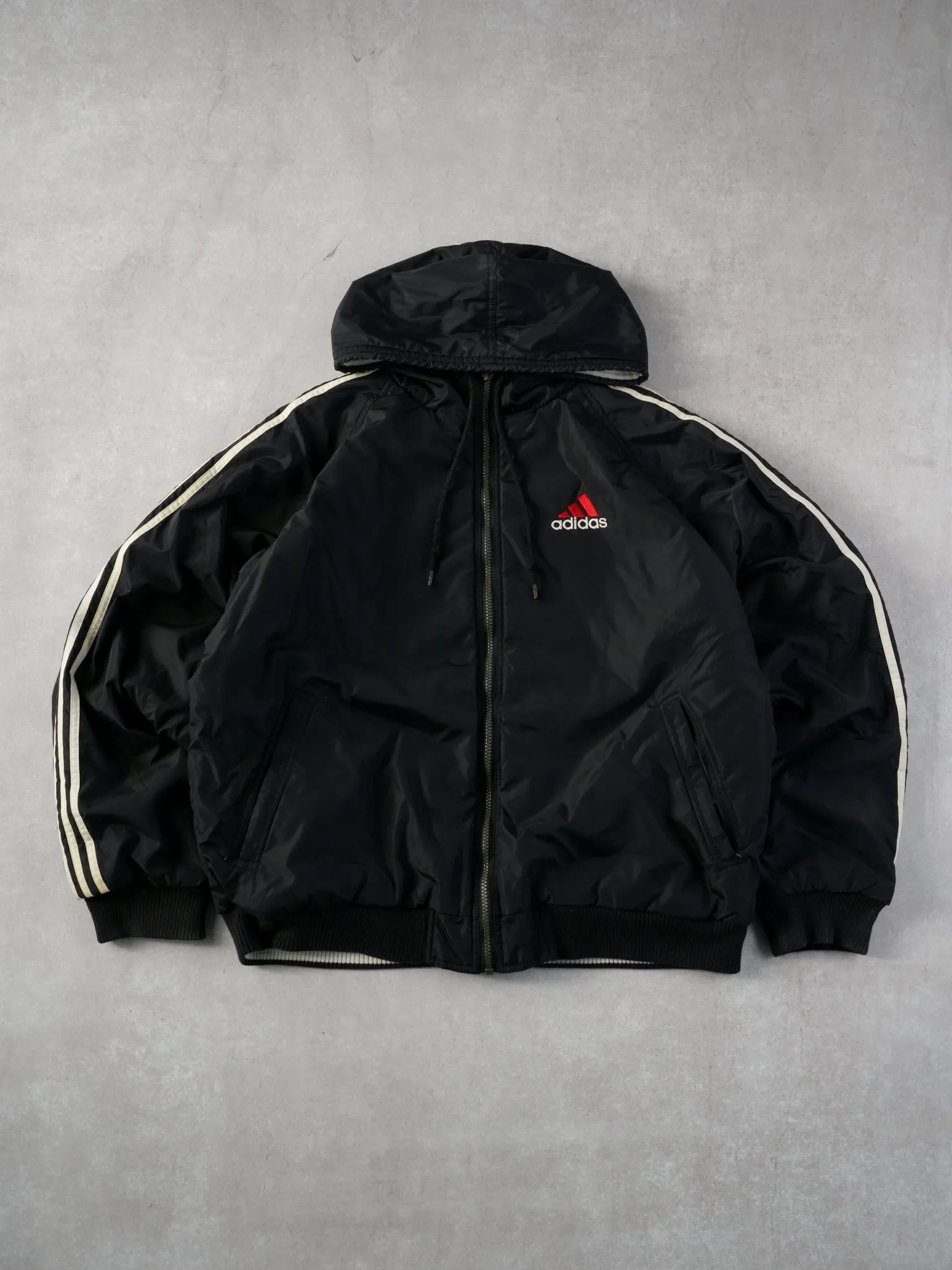 Vintage 90s Black Adidas Hooded Reversible Hooded Windbreaker (L) sold by Rebalance Vintage