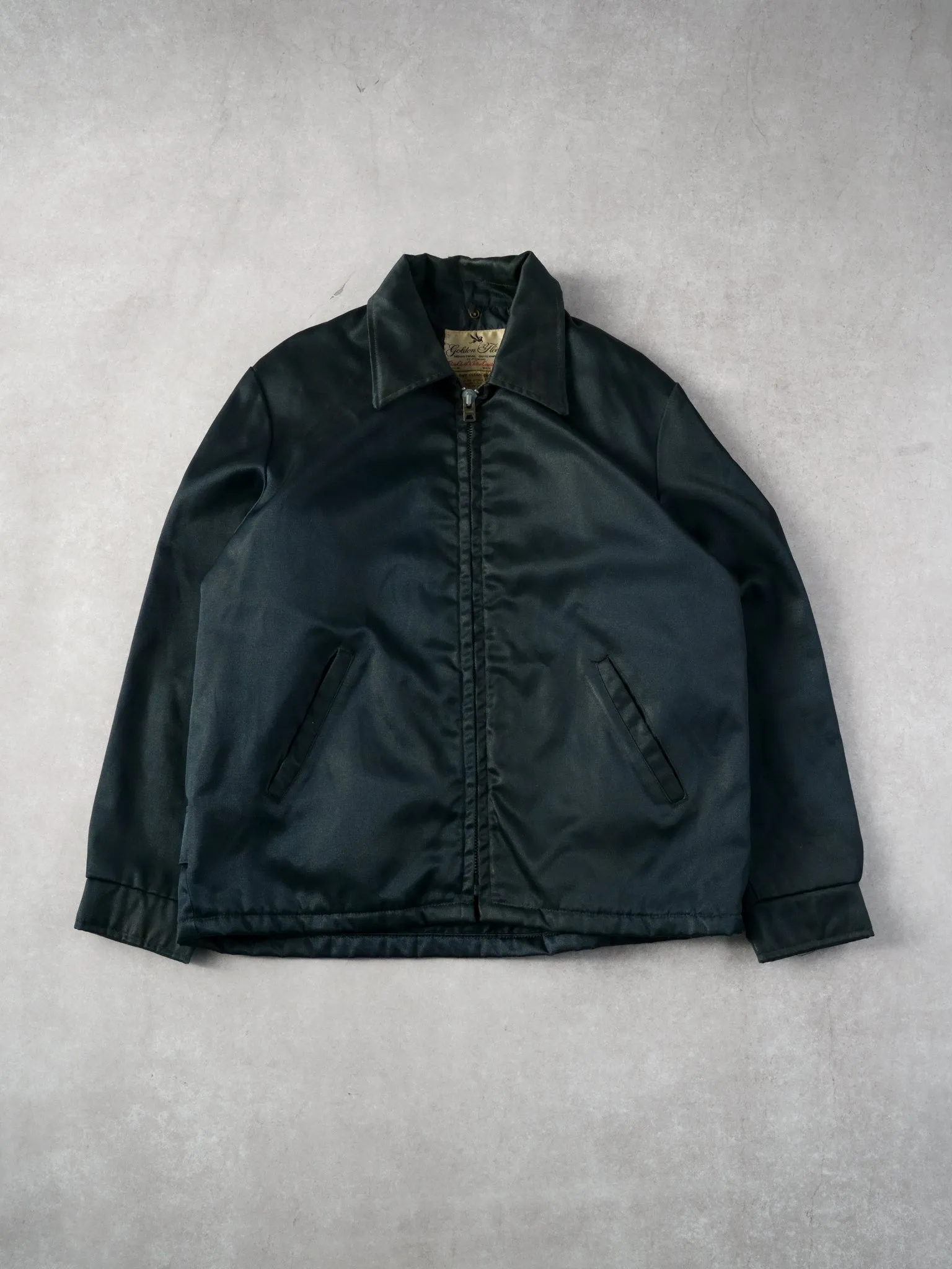 Vintage 70s Dark Green Golden Fleece Collared Satin Wax Jacket (L) sold by Rebalance Vintage