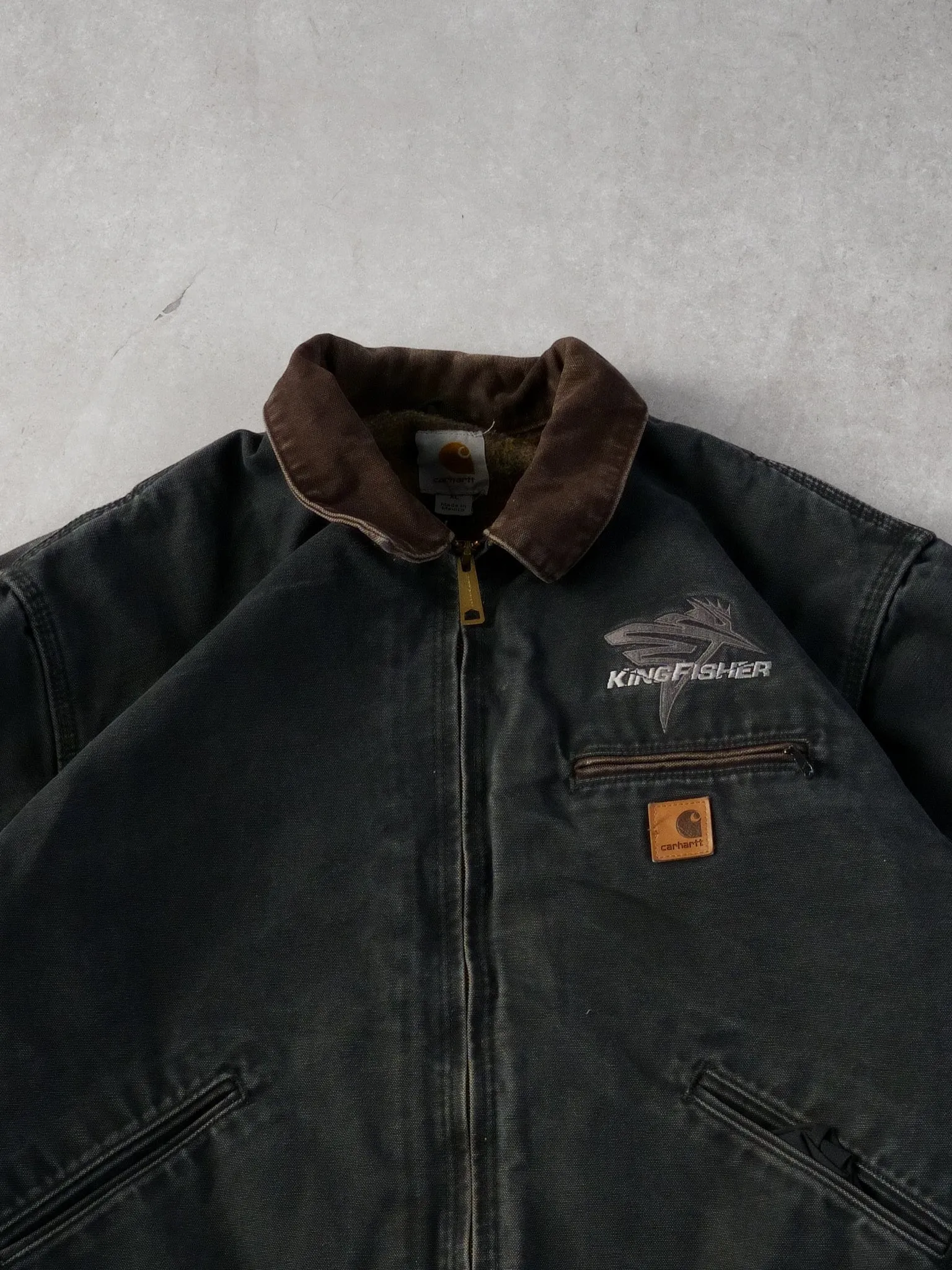 Vintage 90s Dark Grey and Brown Carhartt King Fisher Detroit