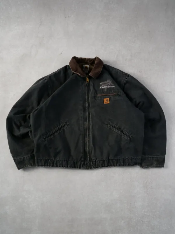 Vintage 90s Dark Grey and Brown Carhartt King Fisher Detroit Workwear Jacket (L) sold by Rebalance Vintage