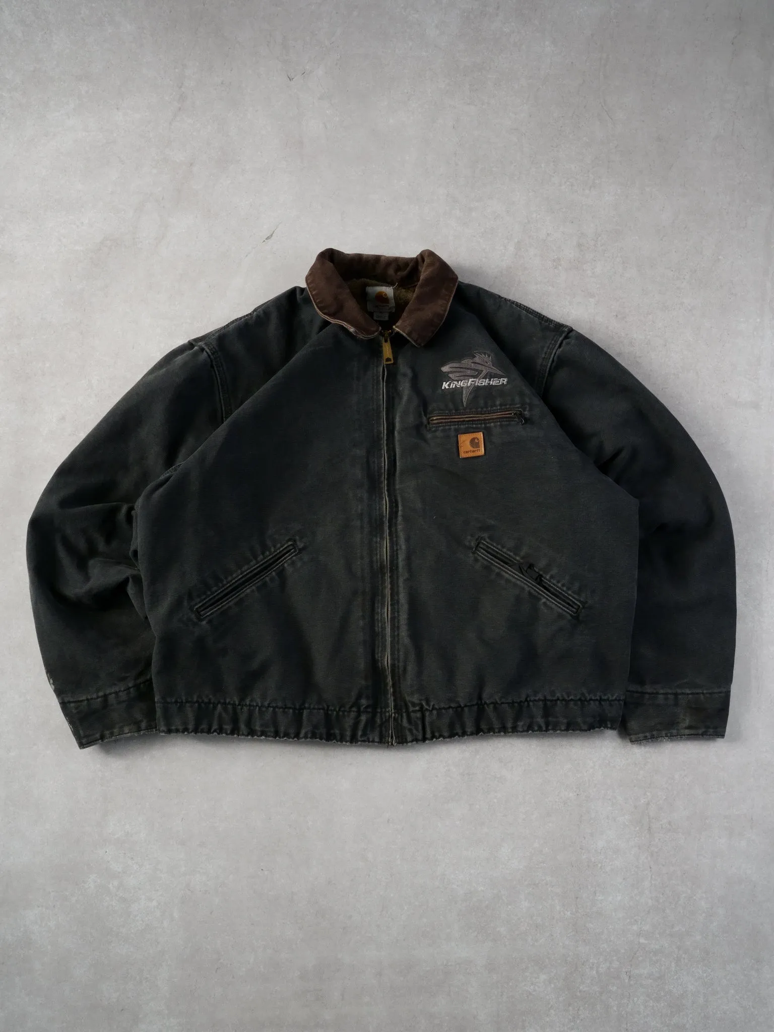 Vintage 90s Dark Grey and Brown Carhartt King Fisher Detroit Workwear Jacket (L) sold by Rebalance Vintage