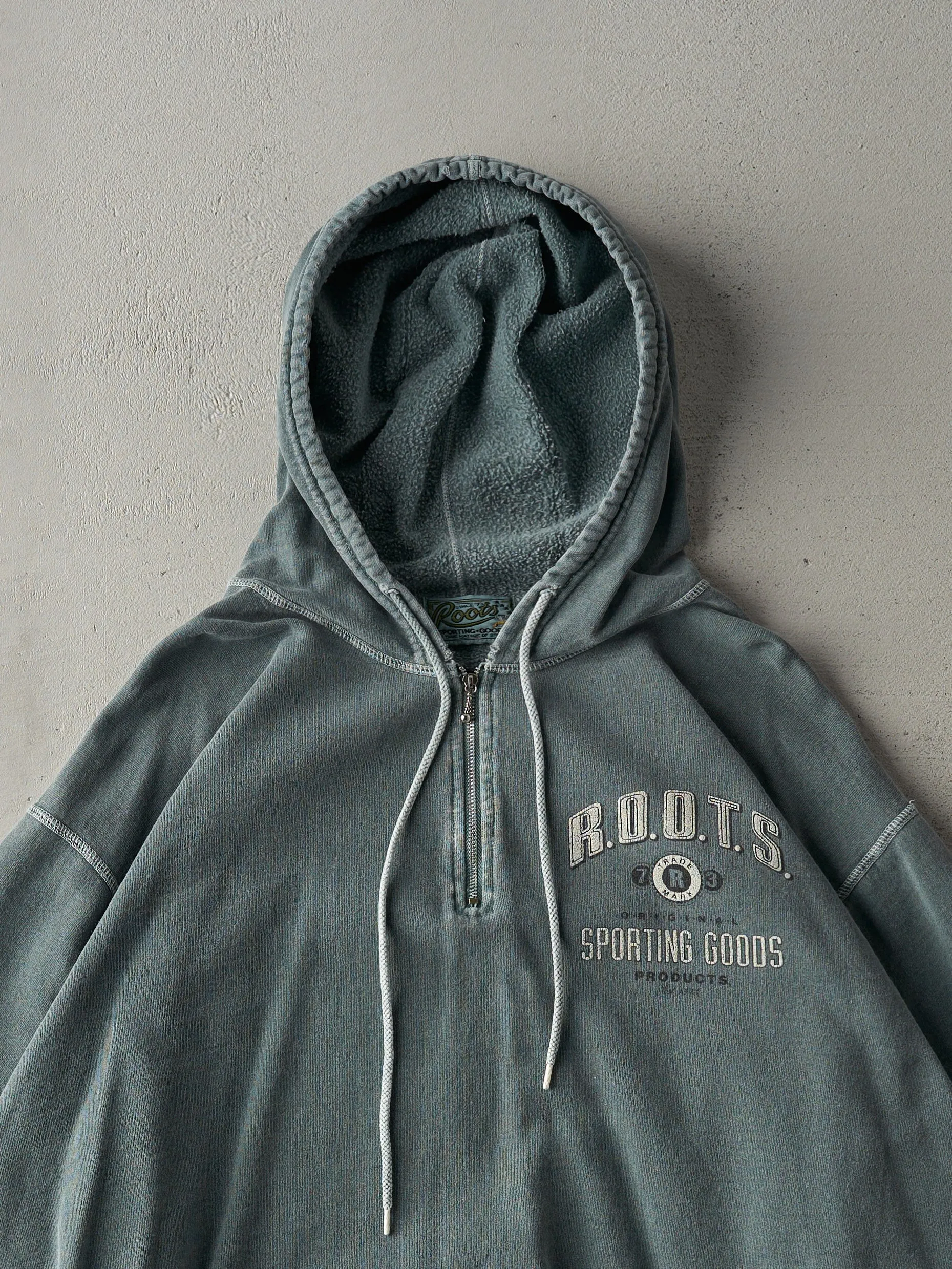 Vintage 90s RARE Washed Green Quarter Zip Roots Sporting Goods Hoodie (L/XL) sold by Rebalance Vintage product image thumbnail 2