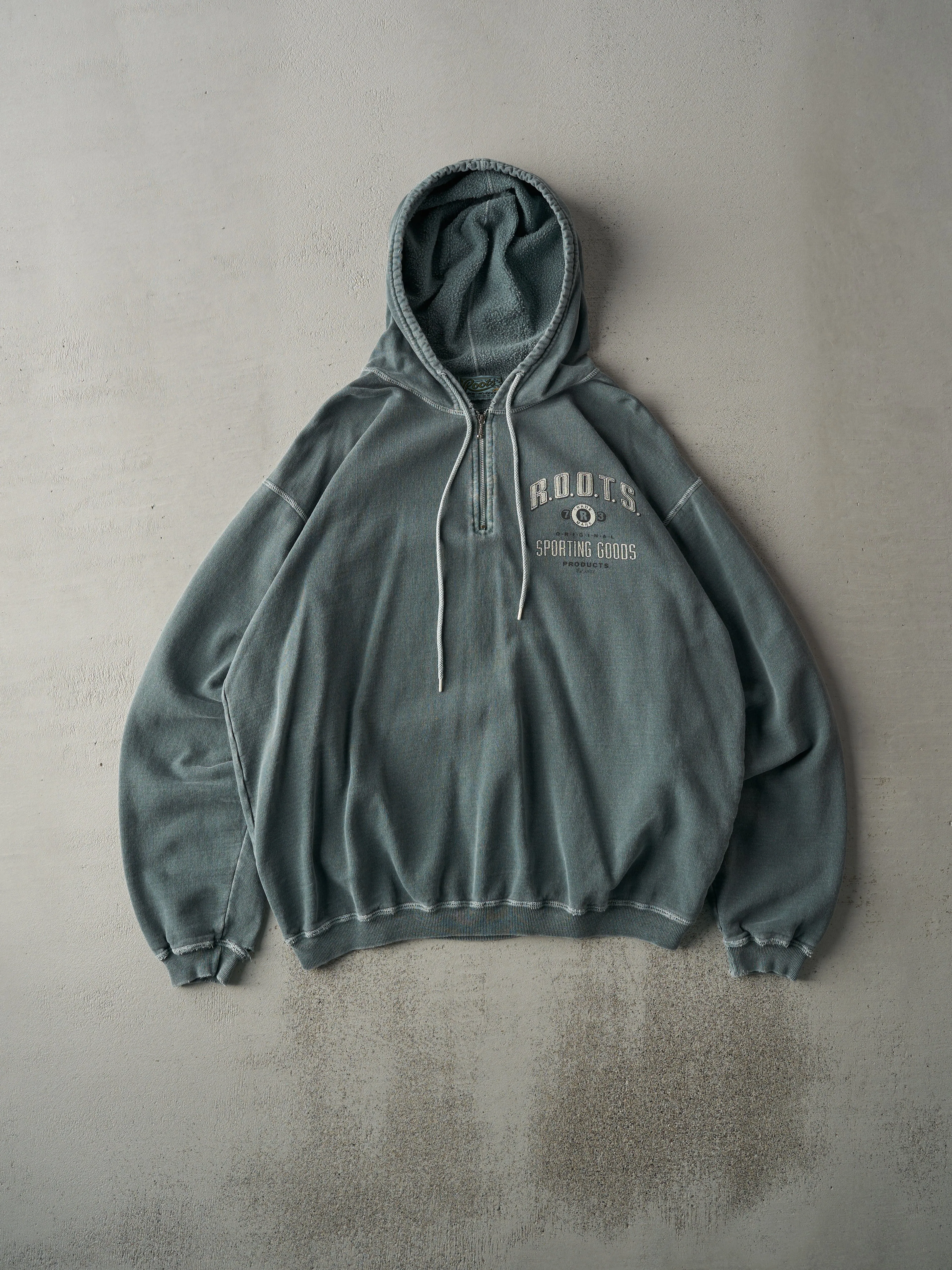 Vintage 90s RARE Washed Green Quarter Zip Roots Sporting Goods Hoodie (L/XL) sold by Rebalance Vintage