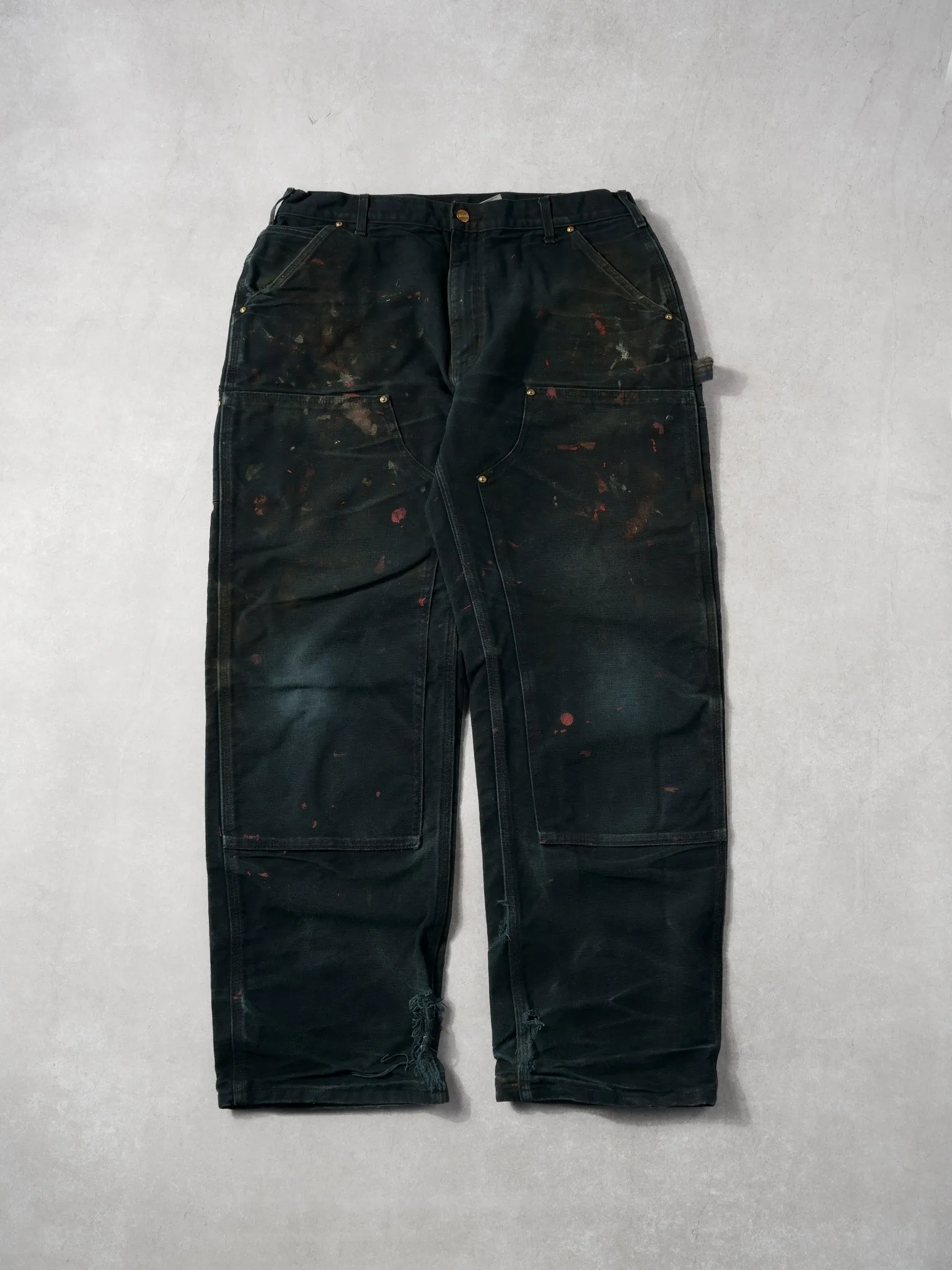 Vintage 90s Black Carhartt Paint Splatter Double Knee Carpenter Pants (36x31) sold by Rebalance Vintage