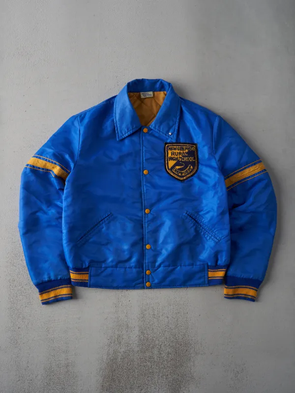 Vintage 70s Blue and Yellow Highschool Satin Varsity Bomber Jacket (M) sold by Rebalance Vintage