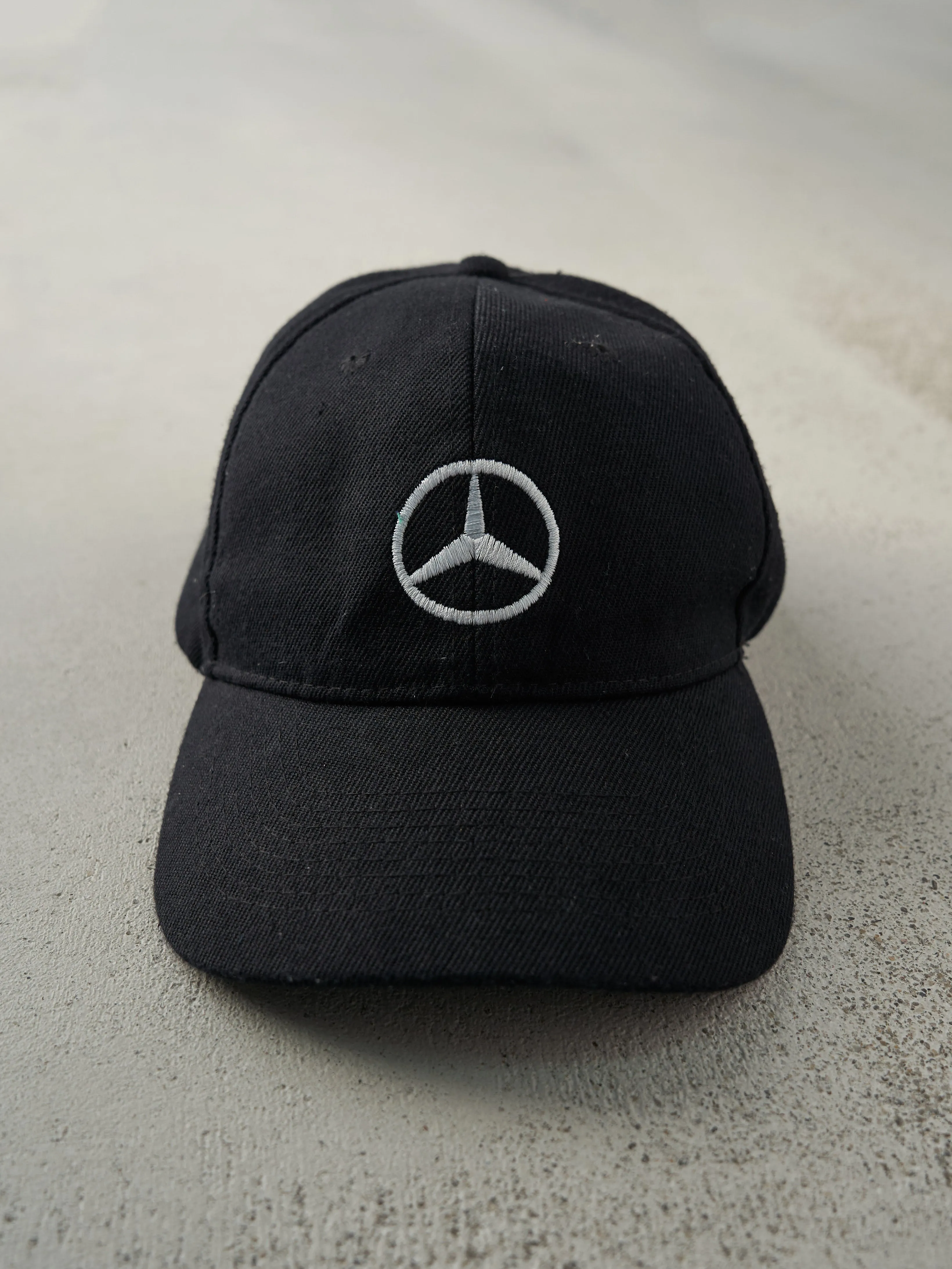 Vintage Y2K Black Embroidered Mercedes-Benz Logo Velcro Back Hat sold by Rebalance Vintage