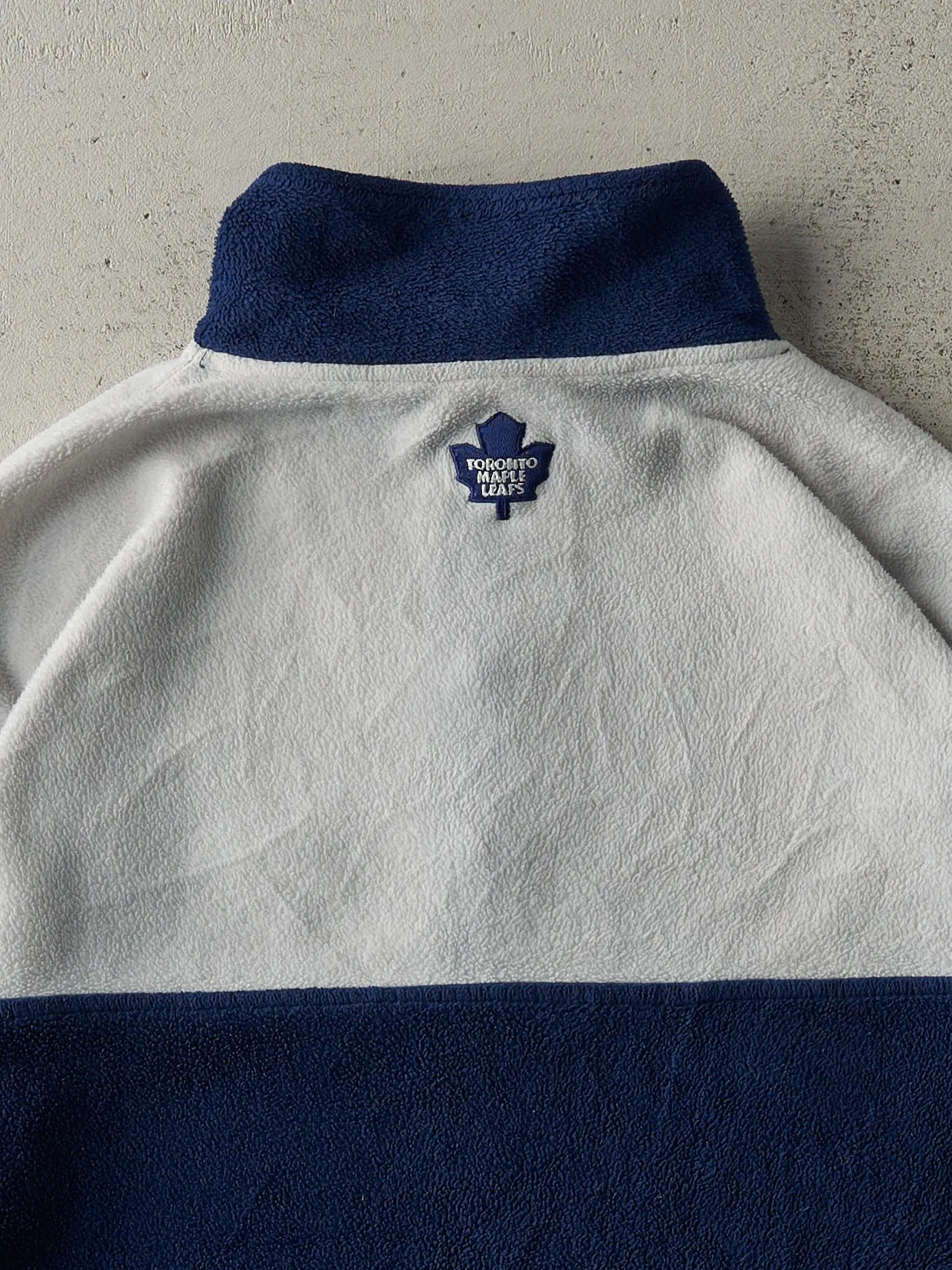 Vintage 90s Navy Blue & White Embroidered Toronto Maple Leafs Quarter Zip Fleece Sweater (L) sold by Rebalance Vintage product image thumbnail 4