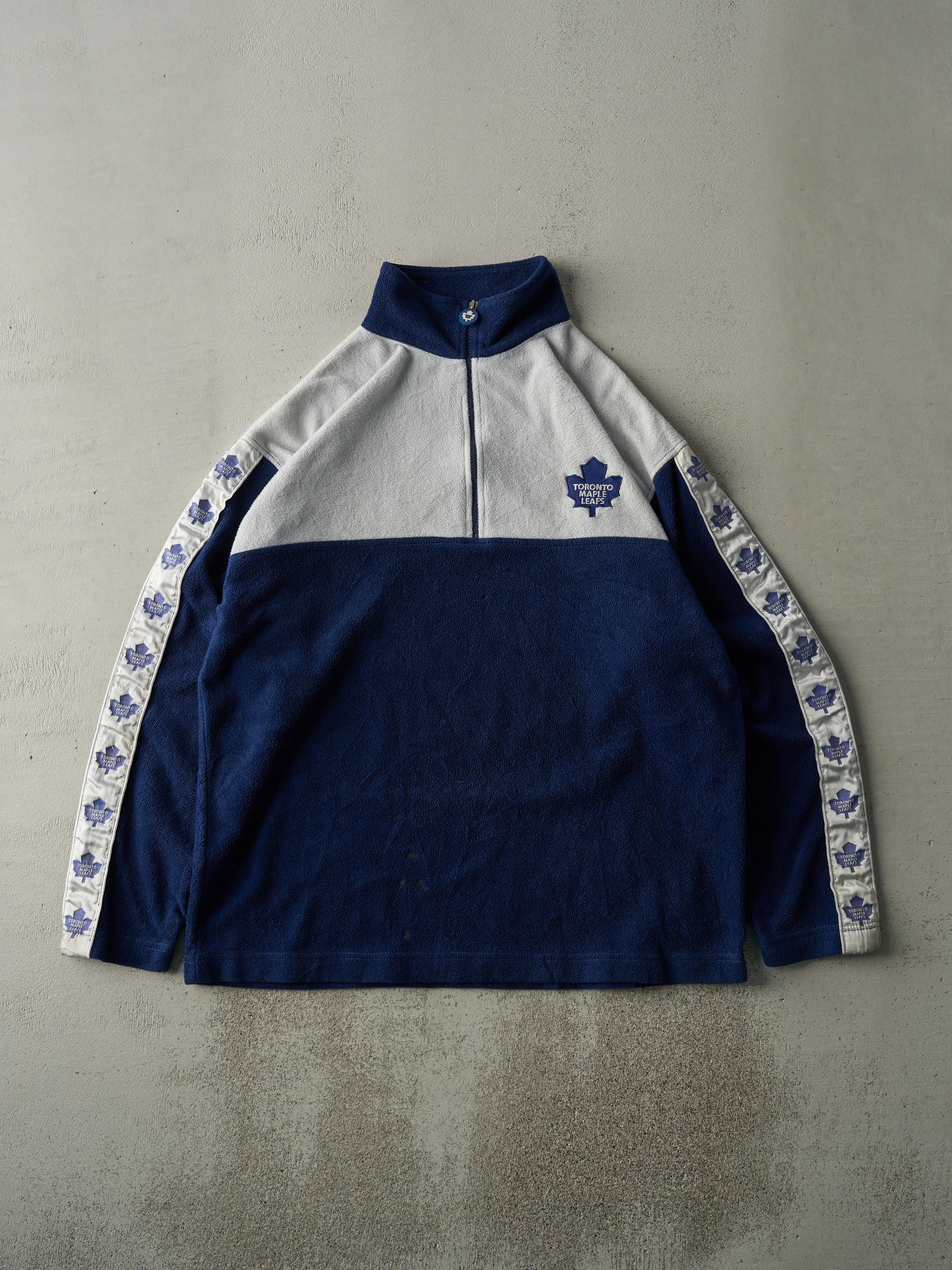 Vintage 90s Navy Blue & White Embroidered Toronto Maple Leafs Quarter Zip Fleece Sweater (L) sold by Rebalance Vintage