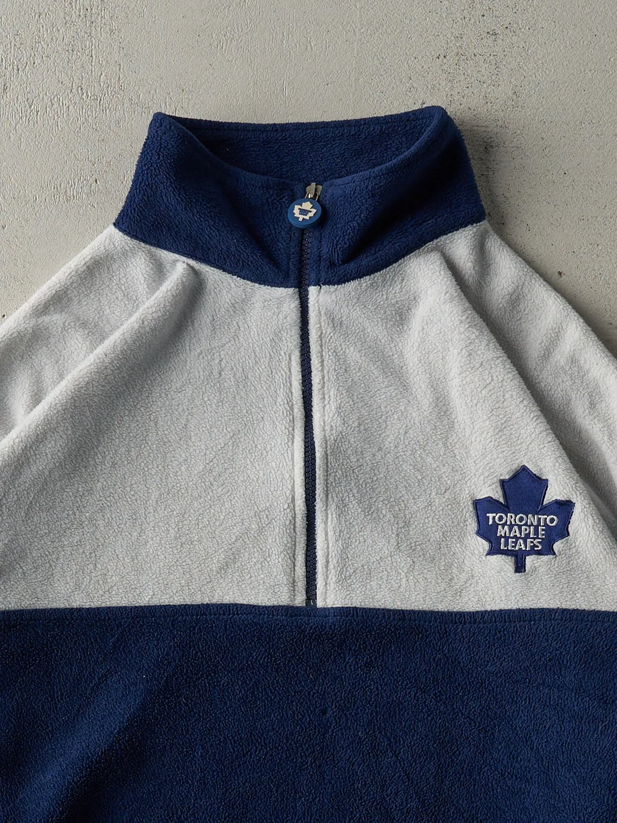 Vintage 90s Navy Blue & White Embroidered Toronto Maple Leafs Quarter Zip Fleece Sweater (L) sold by Rebalance Vintage product image thumbnail 3