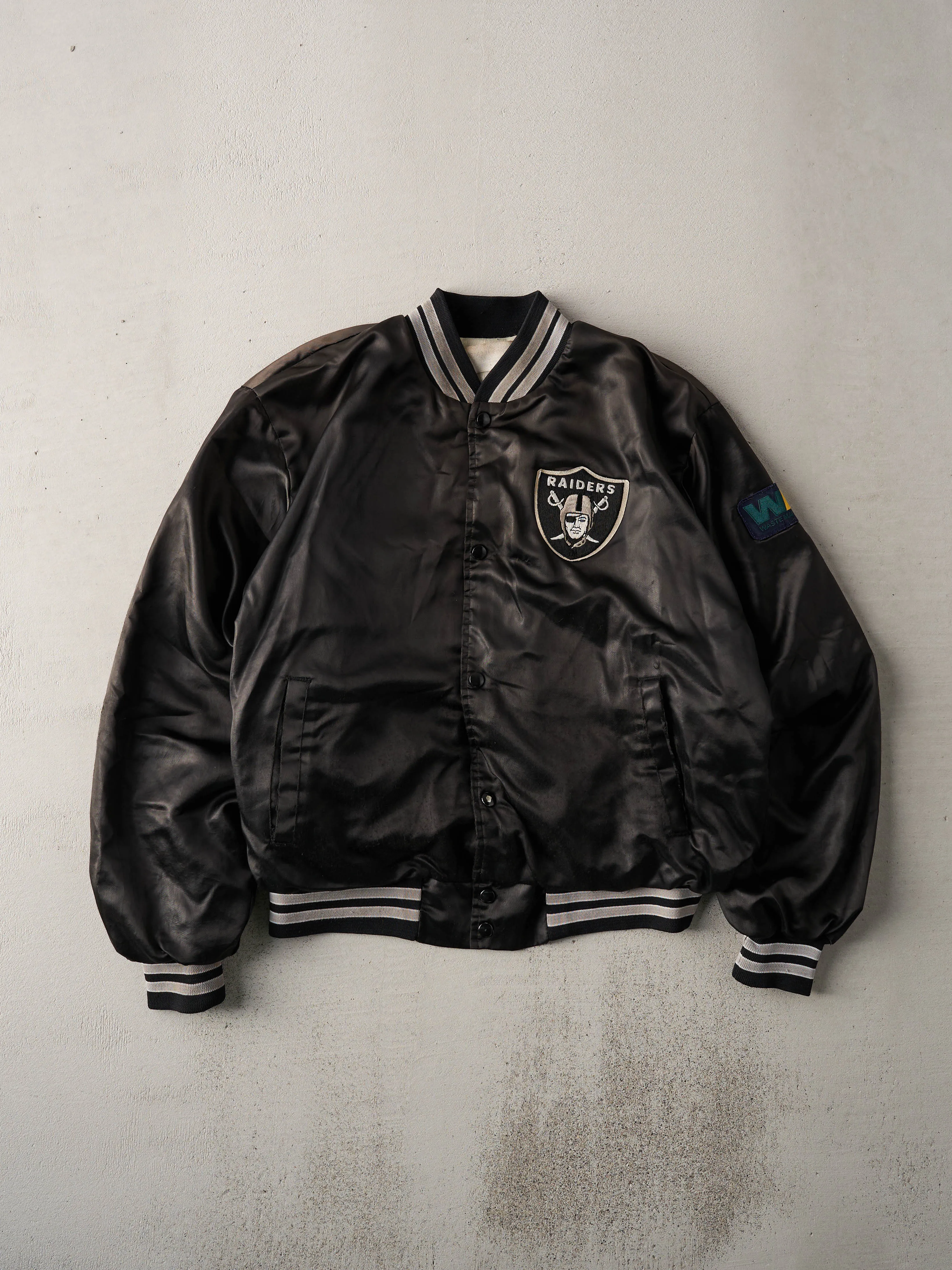 Vintage 90s Black Raiders Satin Varsity Jacket (L) | Parallel