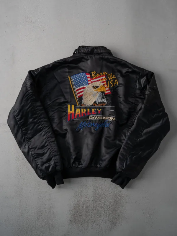 Vintage 80s Black Satin Born in the USA Harley Davidson Bomber (L) sold by Rebalance Vintage