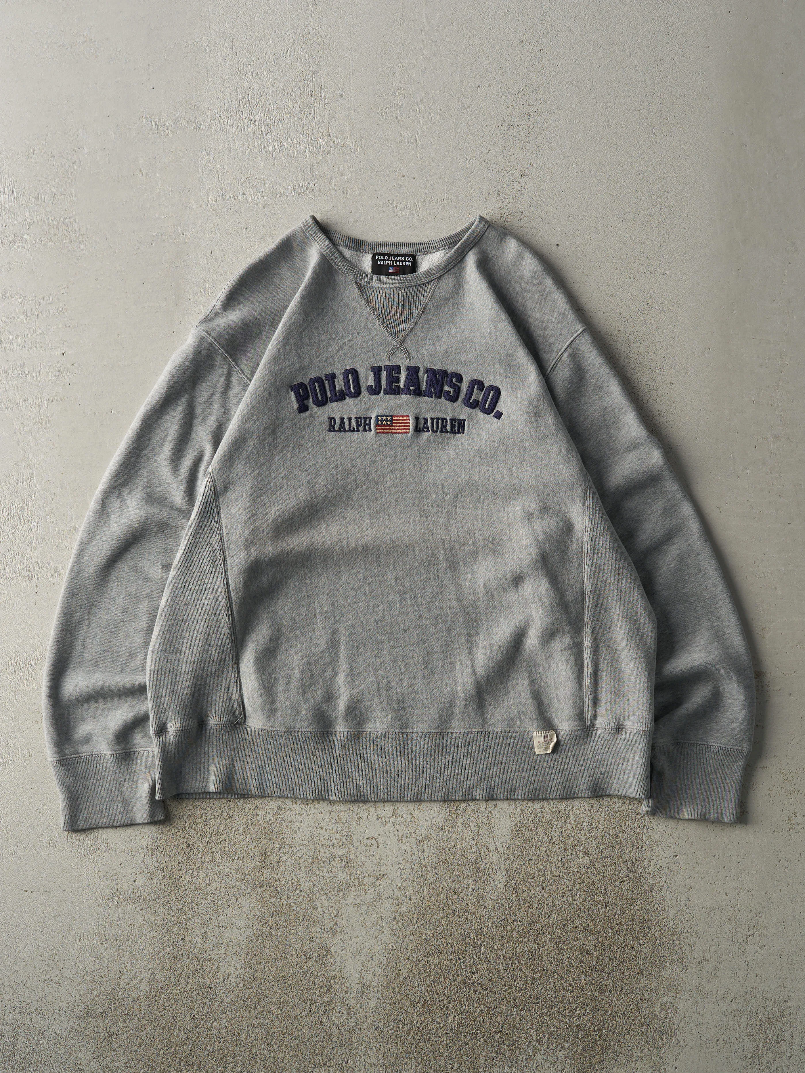 Vintage Y2K Grey Embroidered Polo Jeans Co Crewneck (L/XL) sold by Rebalance Vintage