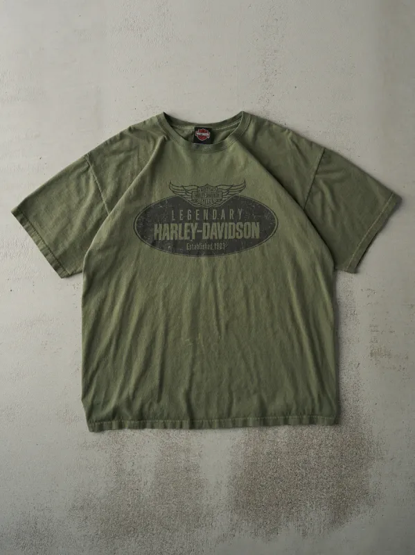 Vintage Y2K Army Green York, PA Harley Davidson Tee (L) sold by Rebalance Vintage