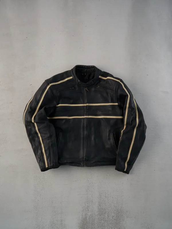 Vintage 90s Black and White Frank Thomas Striped Racing Leather Jacket (M) sold by Rebalance Vintage