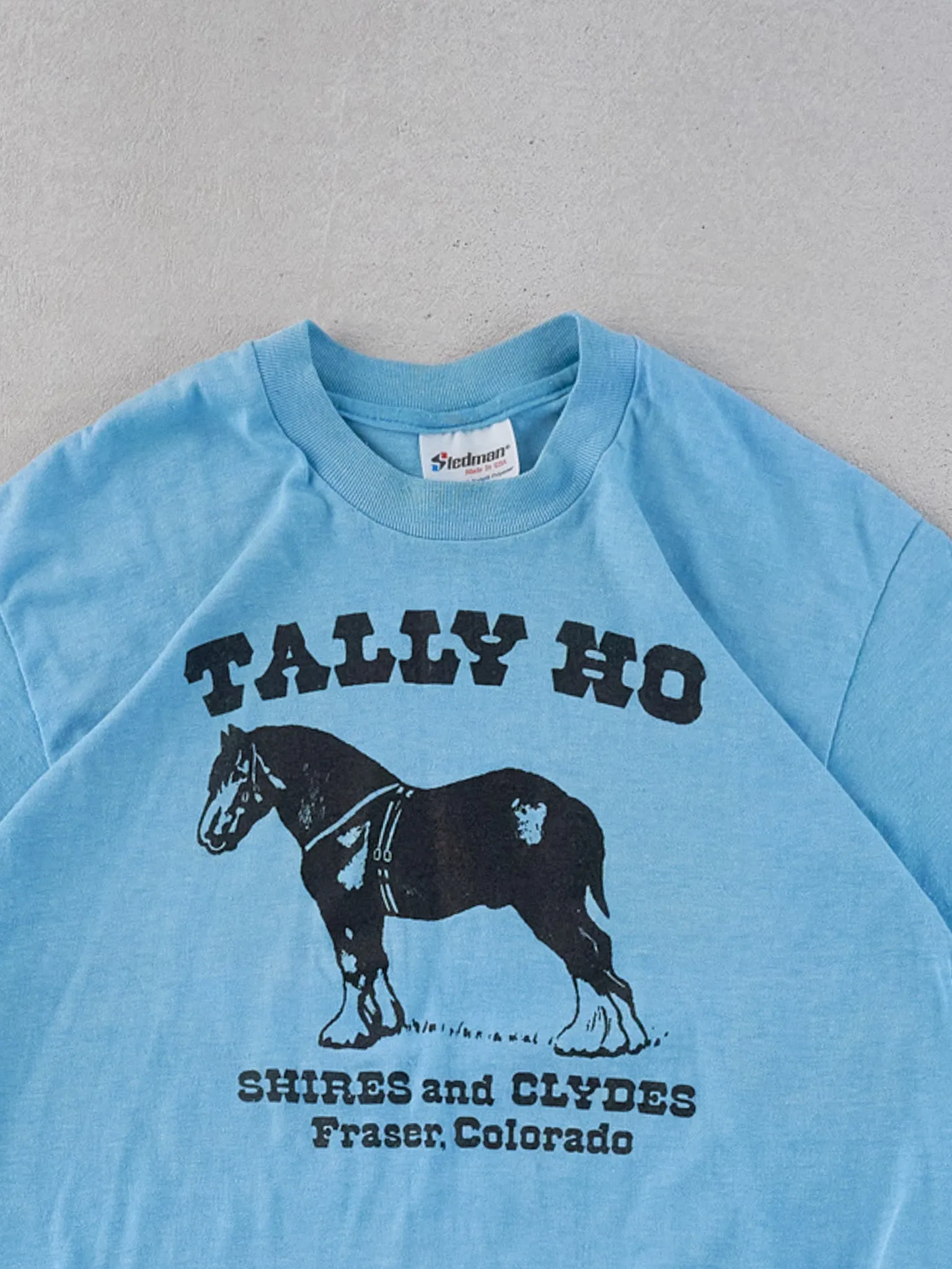 Vintage 70s Powder Blue Single Stitched Tallo Ho Horse Graphic Tee (XS) sold by Rebalance Vintage product image thumbnail 2